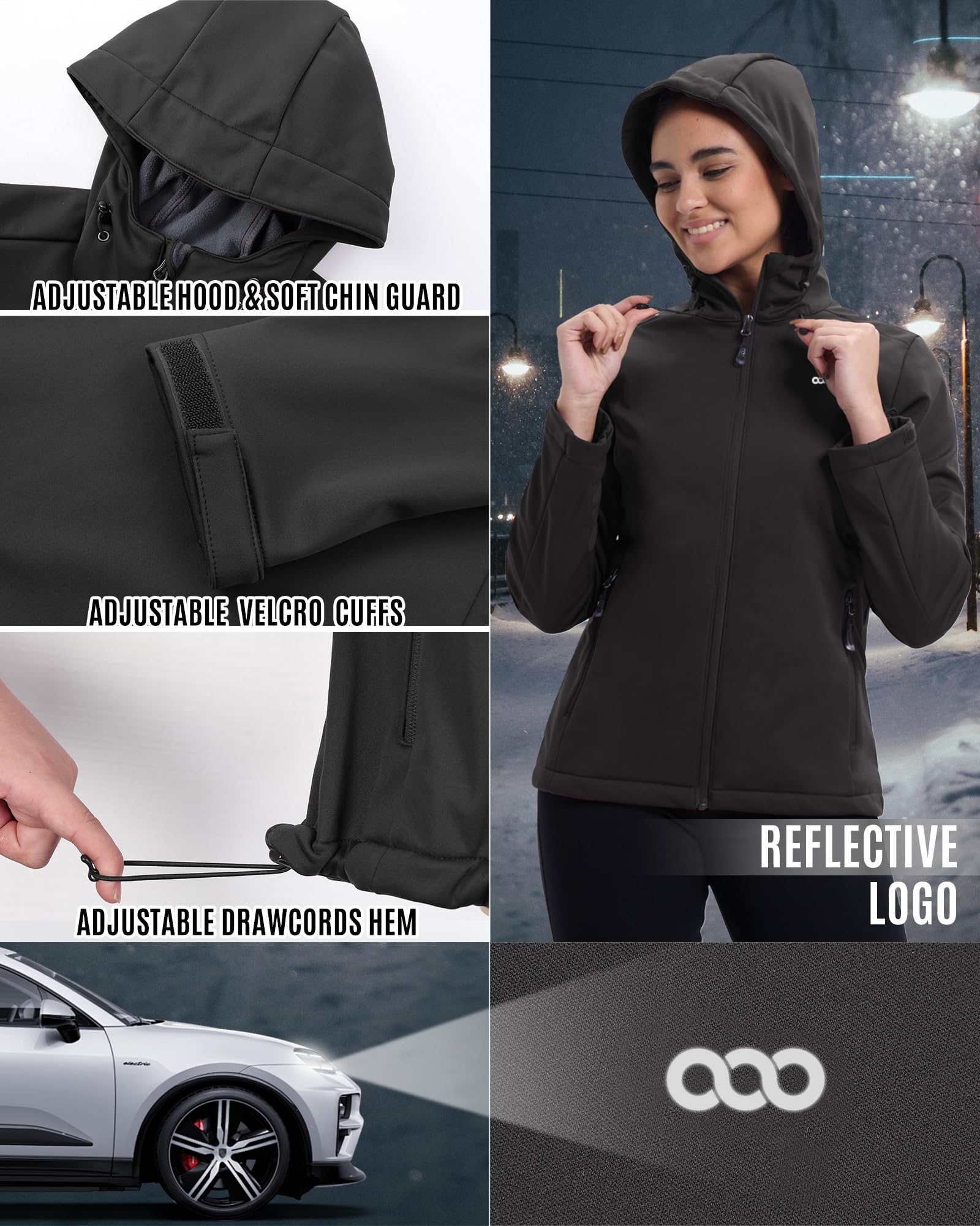33,000ft Damen Fleece Gefütterte Softshelljacke Wasserdichte Funktionsjacke Fahhradjacke mit Kapuze Winddichte Übergangsjacke Windbreaker zum Radfahren, Wandern