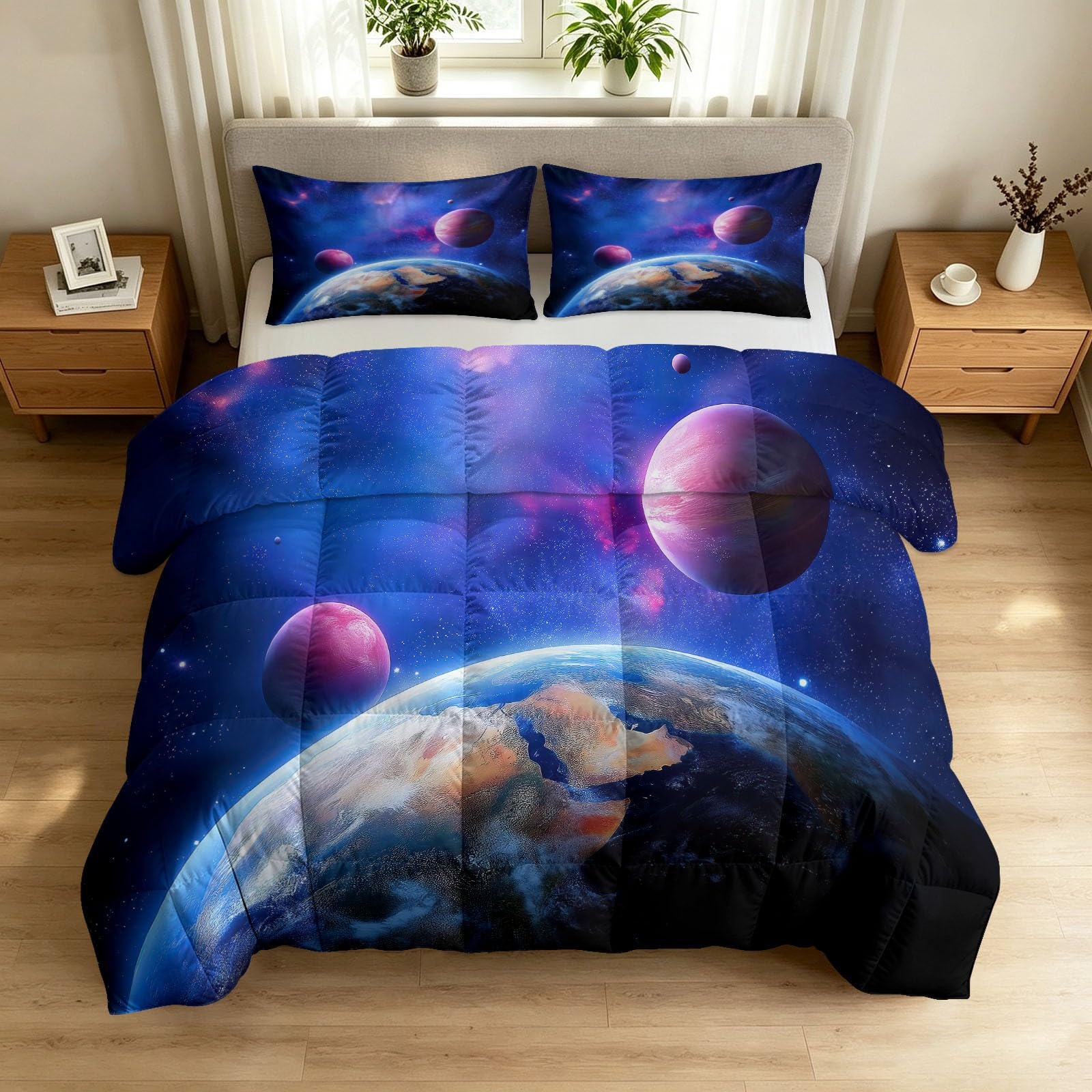 Bettdecke ohne Bezug Erde Planeten Galaxie 155 x 220 cm, 4 Jahreszeiten Universum Natur Steppdecke mit 2 Kissenbezügen 80x80cm - Weiche Atmungsaktive Ganzjahresdecke Waschbar Schlafdecke - Lila