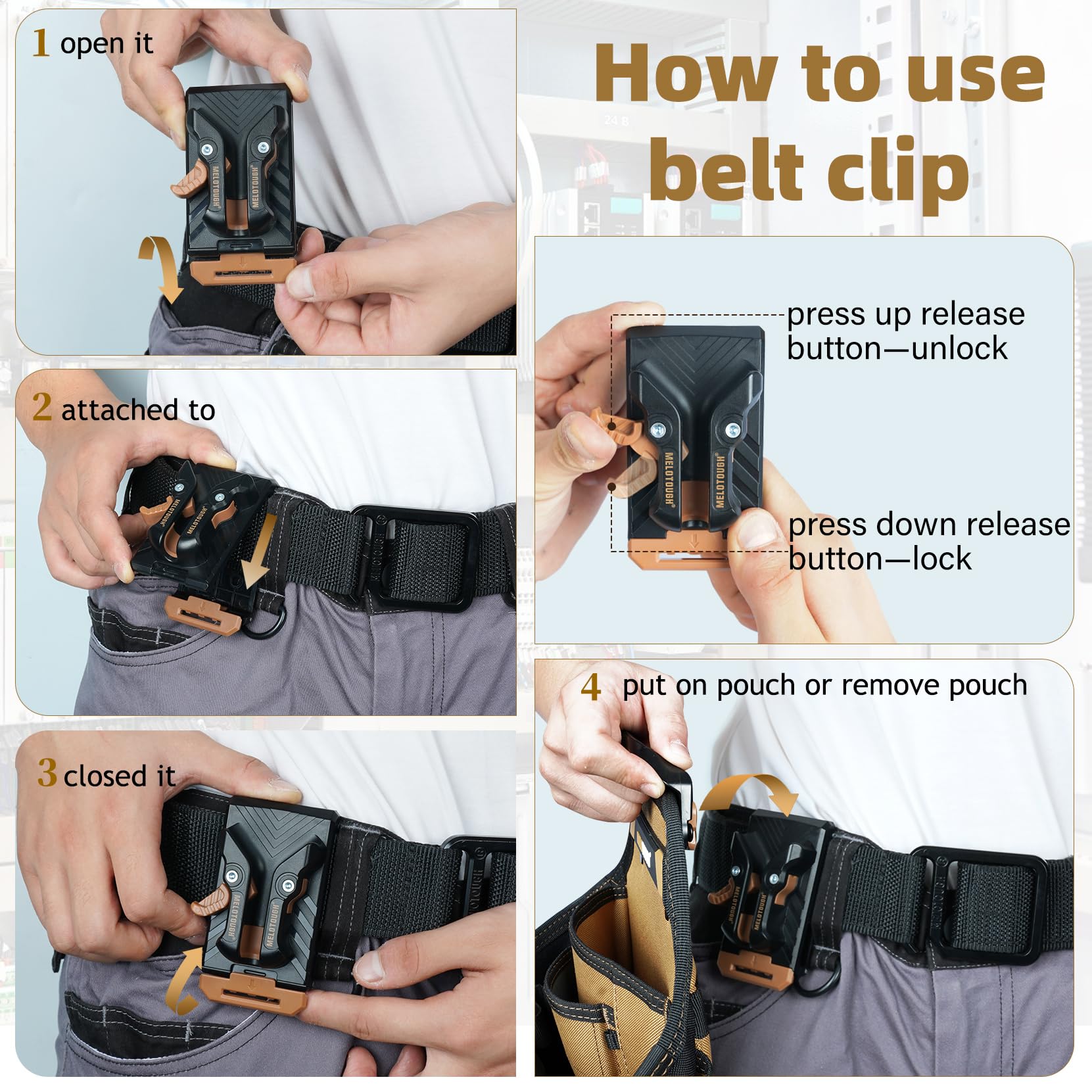 MELOTOUGH Borse da cintura per attrezzi da elettricista con clip da cintura Utility Tool Belt Organizer Pouch con cavalletto posteriore Hammer Holder