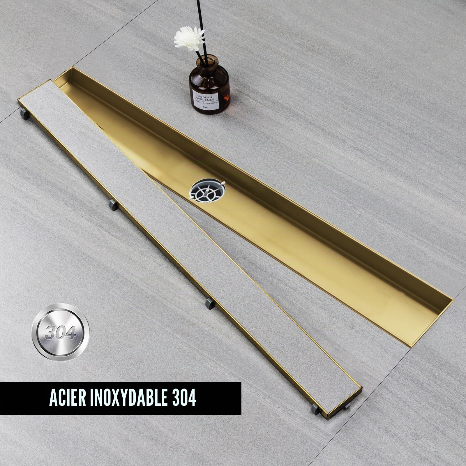 Caniveau de Douche Plat 50cm,Doré,Drainage Rapide,avec Siphon 360° | Caniveau de Douche avec siphon à bloqueur d'odeurs et filtre à cheveux，Caniveau Douche Extra Plat，Drainage rapide