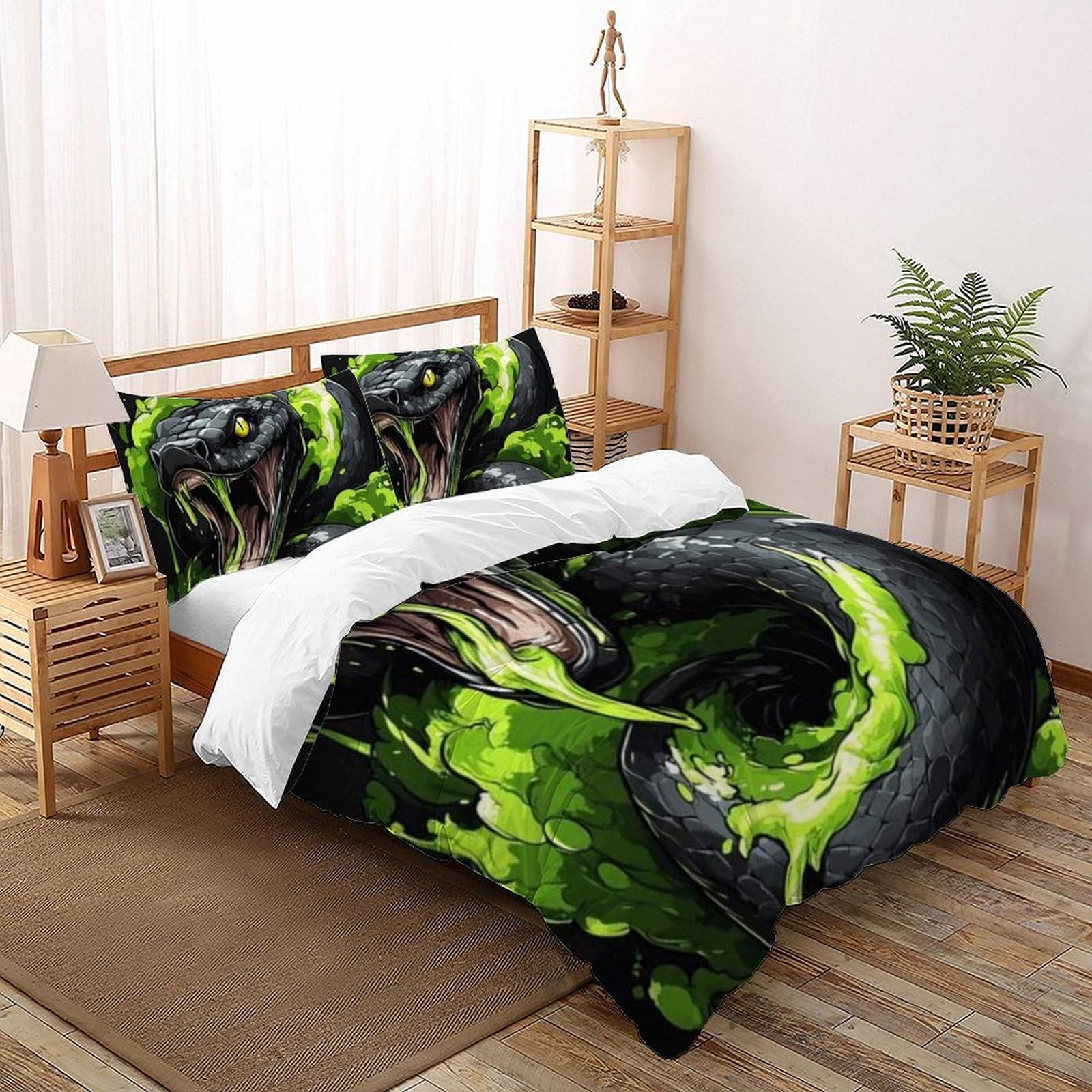 Housse de couette 260x220cm microfibre sans repassage motif serpent noir imprimé 3D grand lit