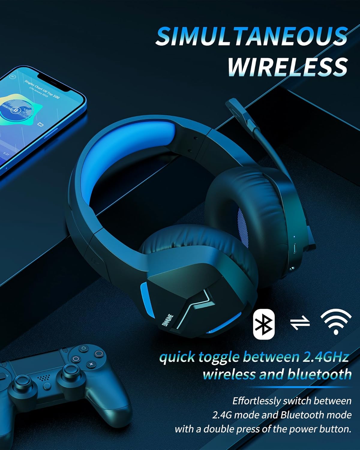 BINNUNE Wireless Gaming Headset illustrating simultaneous wireless connection via 2.4GHz and Bluetooth