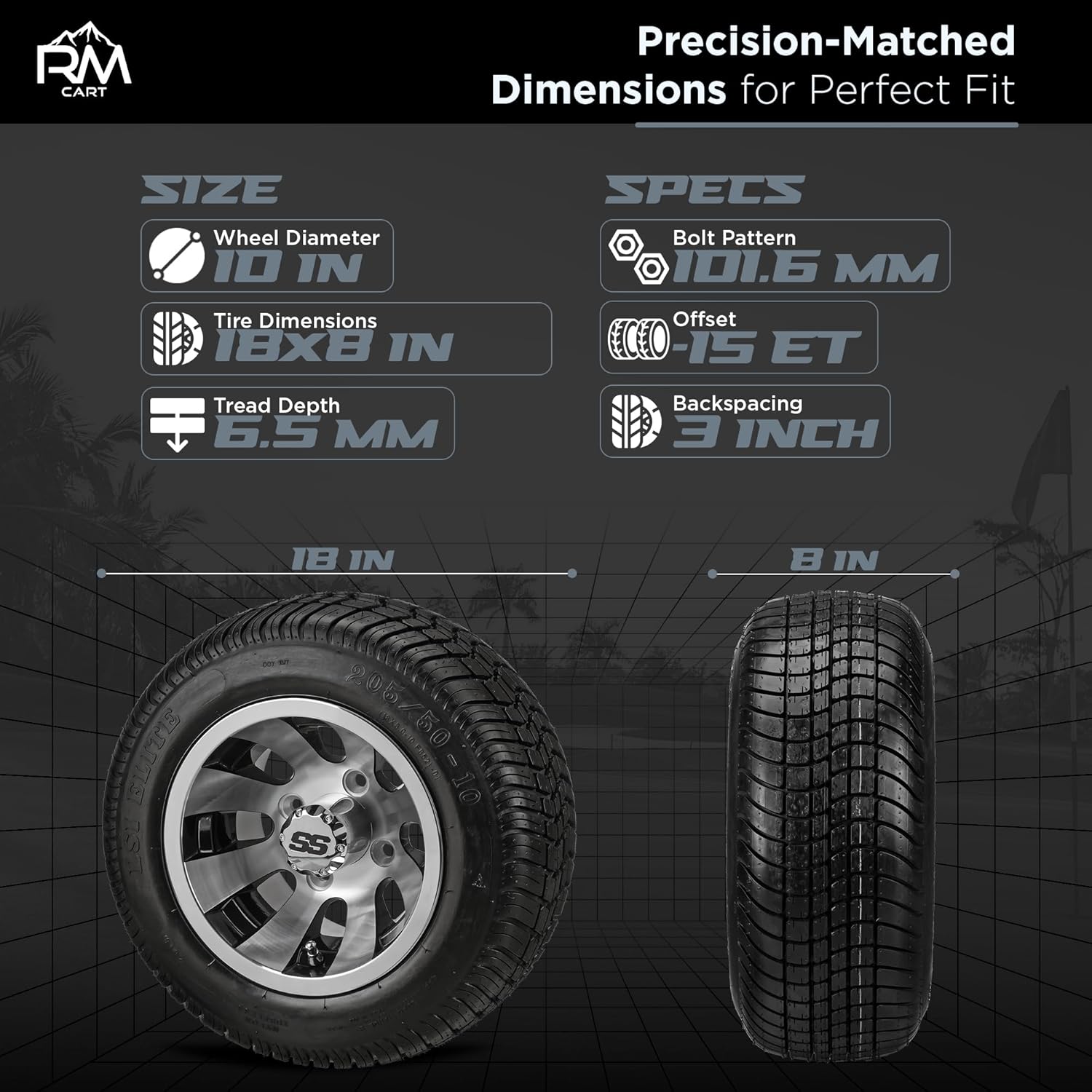 RM Cart 10" Gunslinger Black/Machined on 205/50-10 LSI Elite Low Pro Tires (Set of 4) | Golf Cart Tires and Wheels Combo with Standard Lug Nuts
