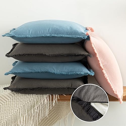 Miniatura 5 de ZWJD Juego de 2 fundas de almohada de granja de 20 x 20 pulgadas, color rosa polvo, con flecos, fundas decorativas de algodón, fundas de cojín