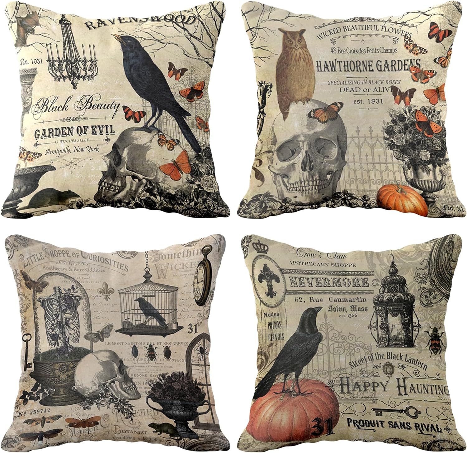 Prk 14 Multi Colour Cushion Covers 4 Pcs Halloween Garden Of Evil Tattoo Gothic Pillow Throws For Livingroom Bedroom Couples Sofa Horror Scary Pillowcase Set 45 X 45Cm