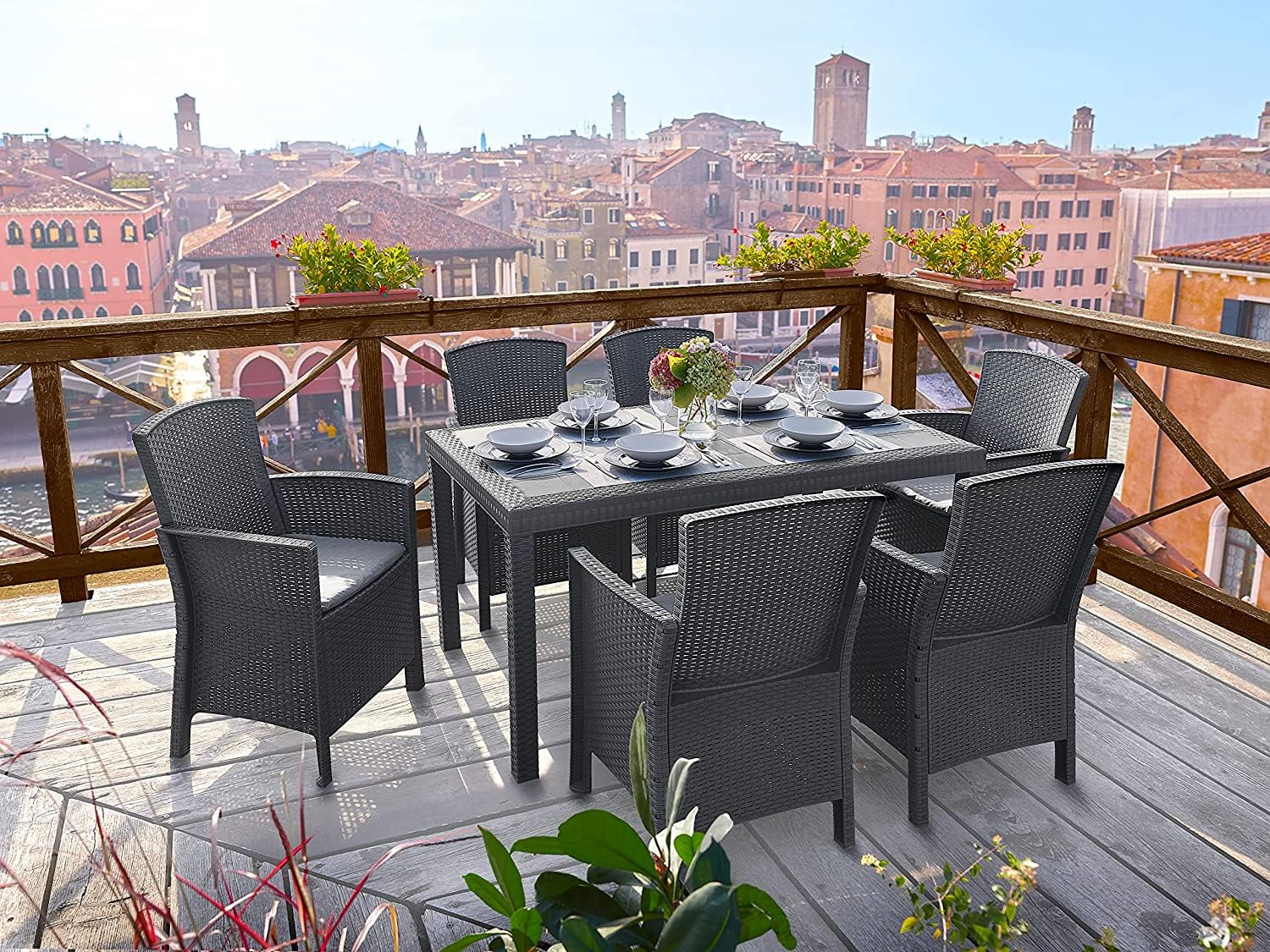 BICA Gastronomie Sessel Lido 2er Set Graphit – Wetterfeste Gartenstühle inkl. Sitzkissen – Hochwertige Rattan-Optik für Bistro, Café & Garten – CATAS-zertifizierte Objektmöbel – Made in Italy
