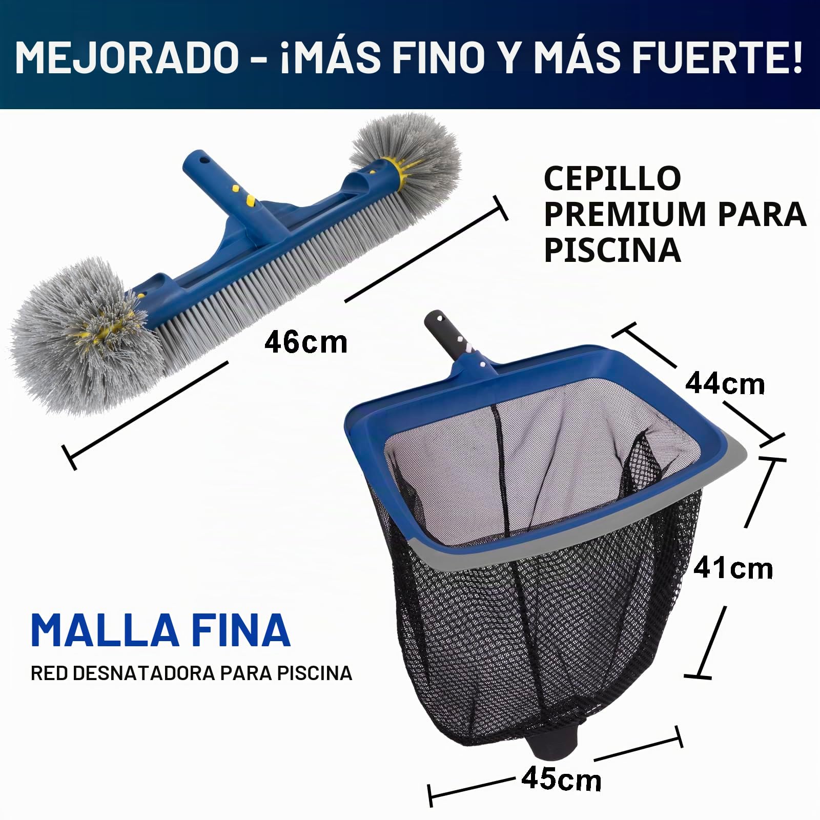 POOLAZA Juego de limpieza para piscina, red de malla fina para piscina y cepillo con extremos redondos para limpieza, red para piscina con marco estable y cepillo de 46 cm con mango integrado
