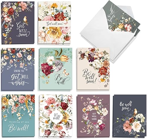 The Best Card Company Juego de 20 notas surtidas en blanco Get Well Soon de 4 x 5.12 pulgadas con sobres (10 diseños, 2 de cada uno) Be Well Soon