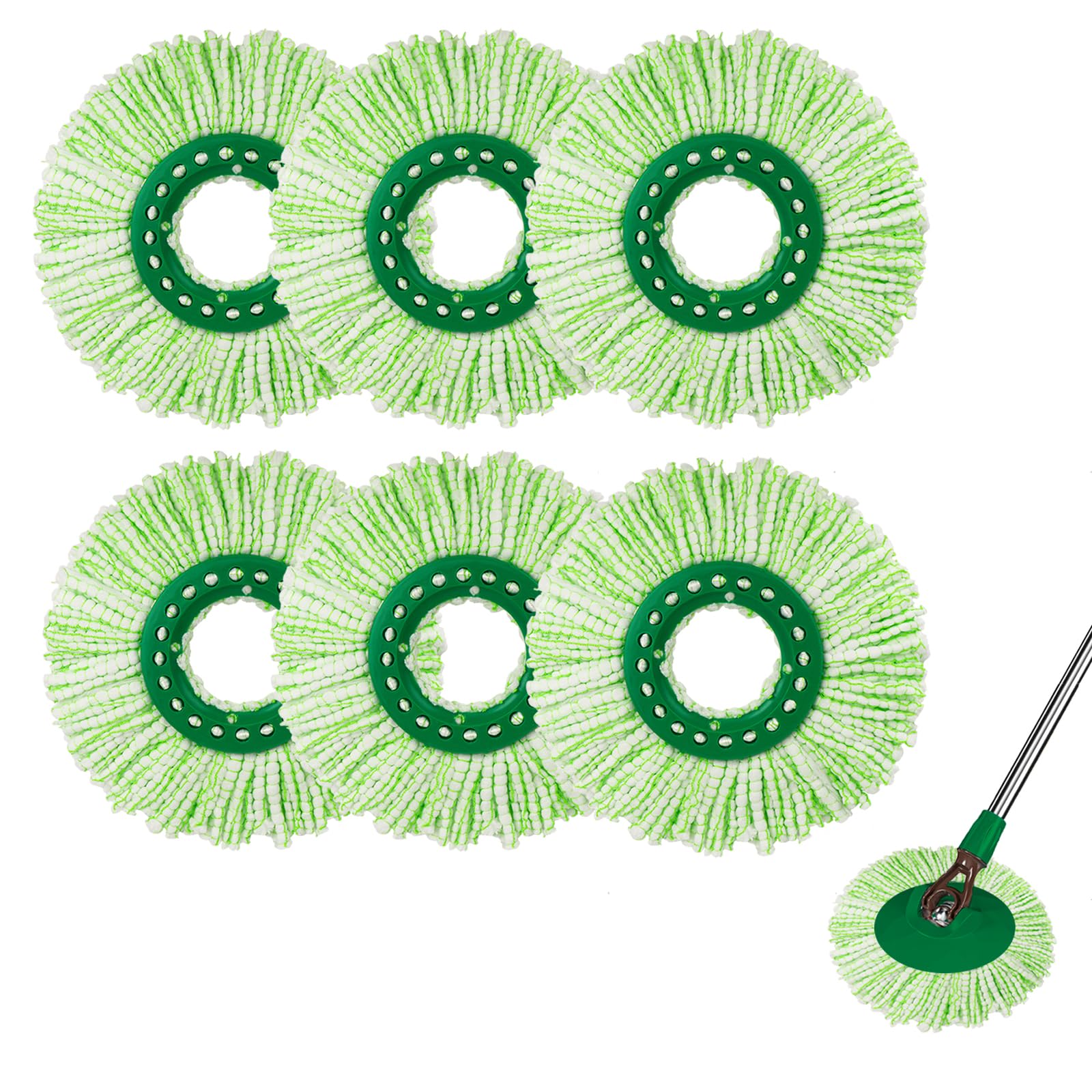 6 Pack Mop Replace Heads for Libman Tornado Spin Mop Replacement Head,Spin Mop System,Machine Washable Microfiber Mop Refill Head Easy to Replace(Green& White)