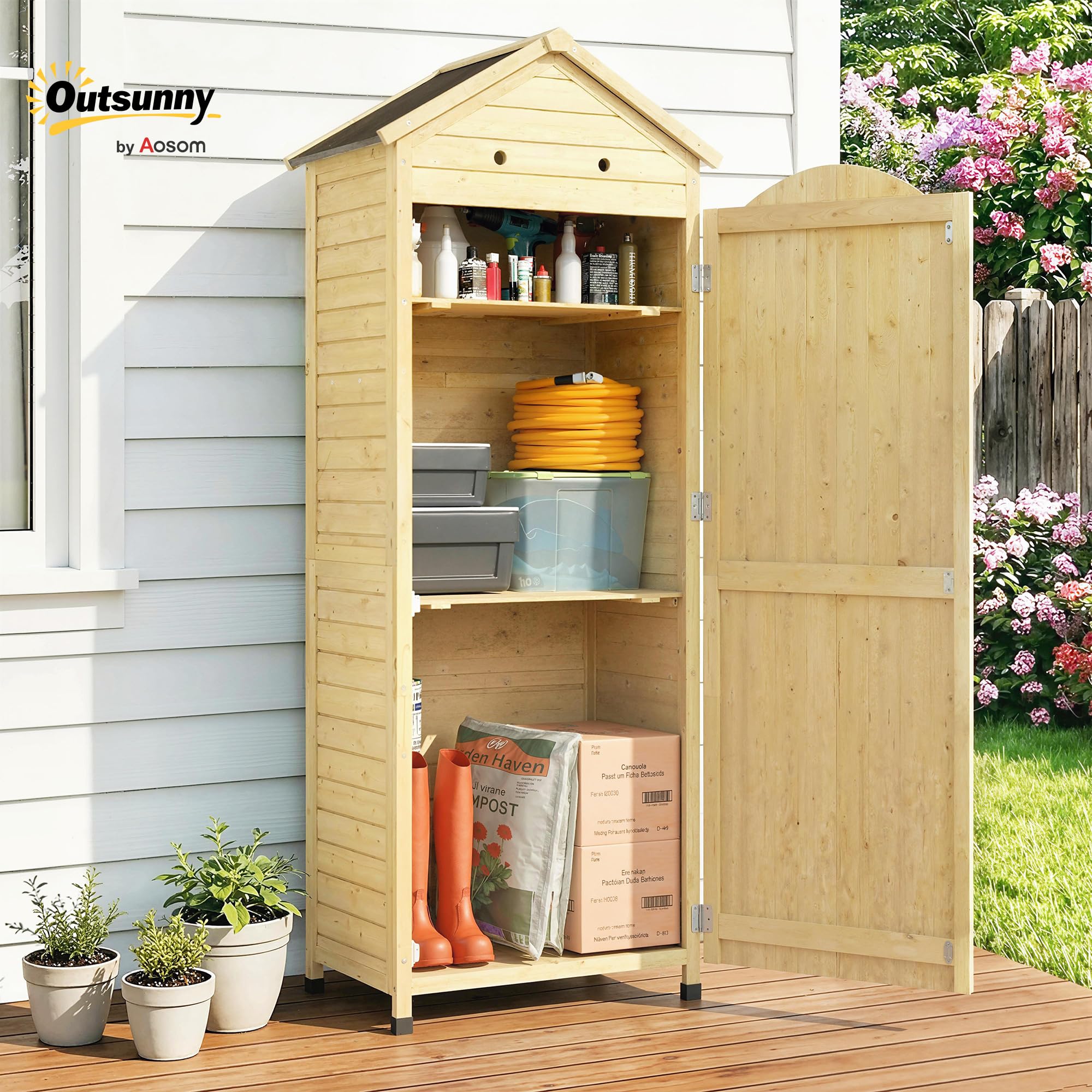 Outsunny Armoire de Jardin en Bois 213cm de Haut pour Terrasse Bois Naturel | Abri de Jardin, Toit en Métal Galvanisé, Remise à Outils à Long Manche, Texture Gaufrée, Étagères Réglables