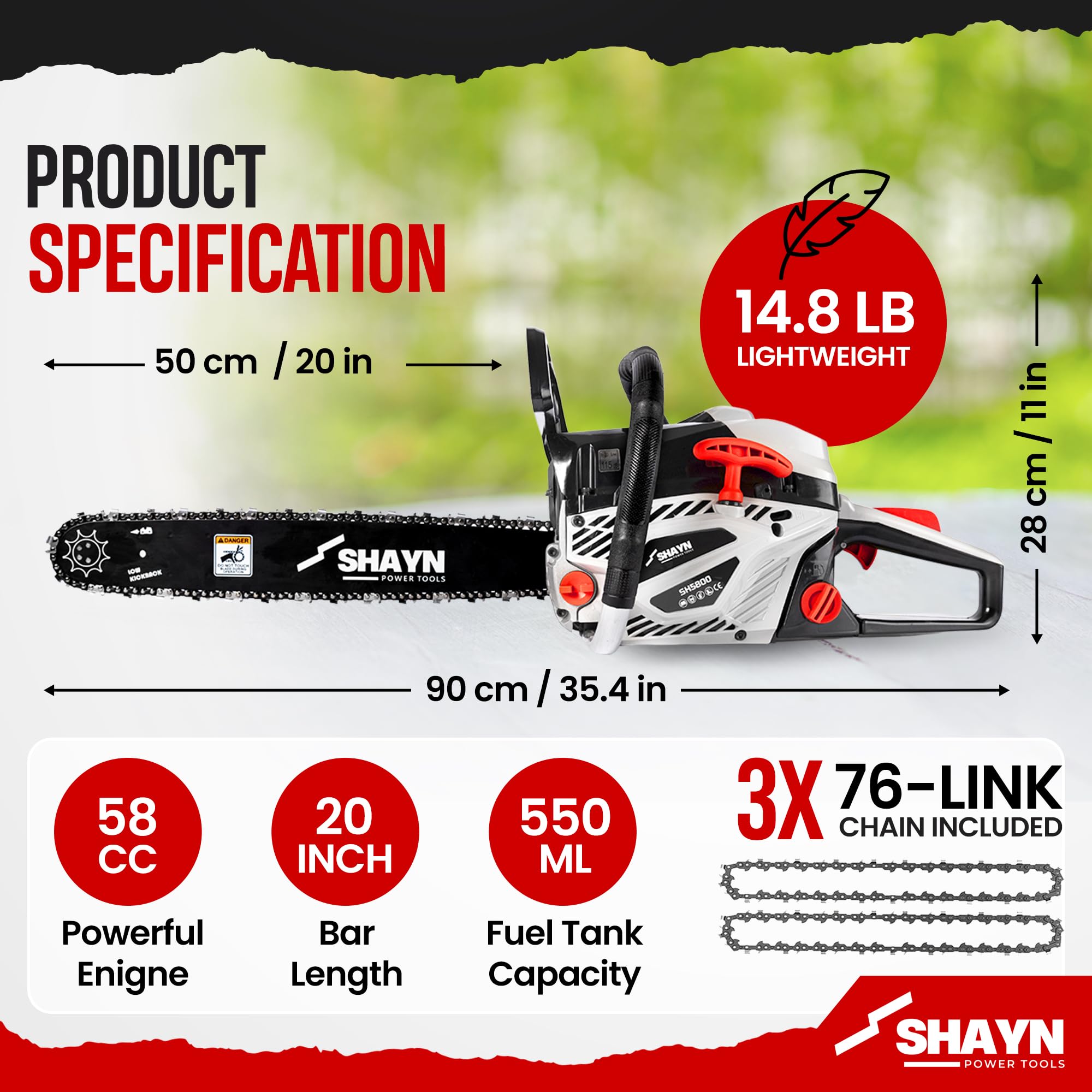 SHAYN Benzynowa piła łańcuchowa 58 cm³, 2-suwowa piła łańcuchowa z górnym uchwytem z drążkiem 50 cm, 3 zapasowe łańcuchy, antywibracyjne, ciche, automatyczne olejowanie, zestaw narzędzi i torba