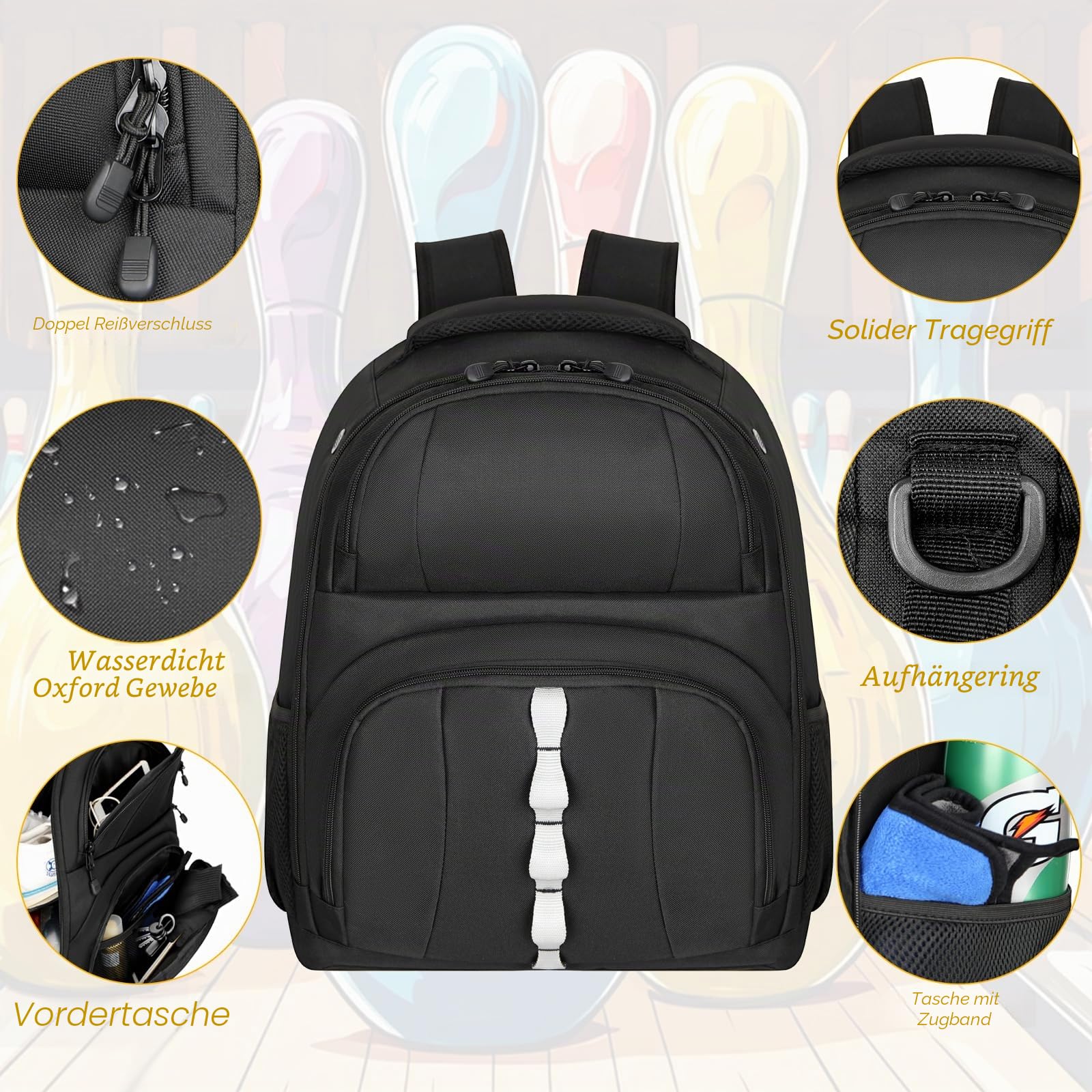 Bowling-Rucksack mit 2 Bällen, Bowlingball-Tasche mit Schuhfach und portektiver Schaumstoffpolsterung, passend für Schuhe bis Größe 44