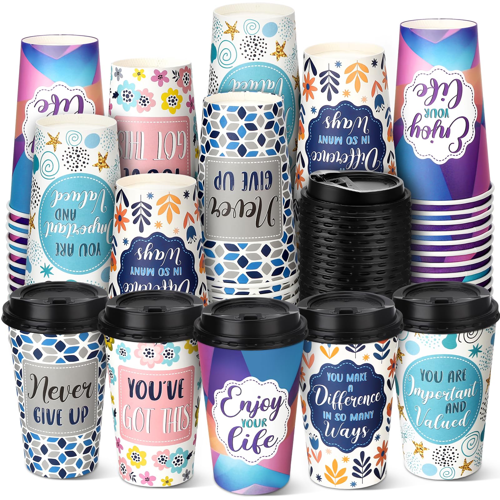 Ovveroche 100 Pack 16 oz Disposable Coffee Cups with Lids,Motivational Paper Hot Cups with 5 Quotes for Hot and Cold Beverages,Coffee,Tea,Water,Juice