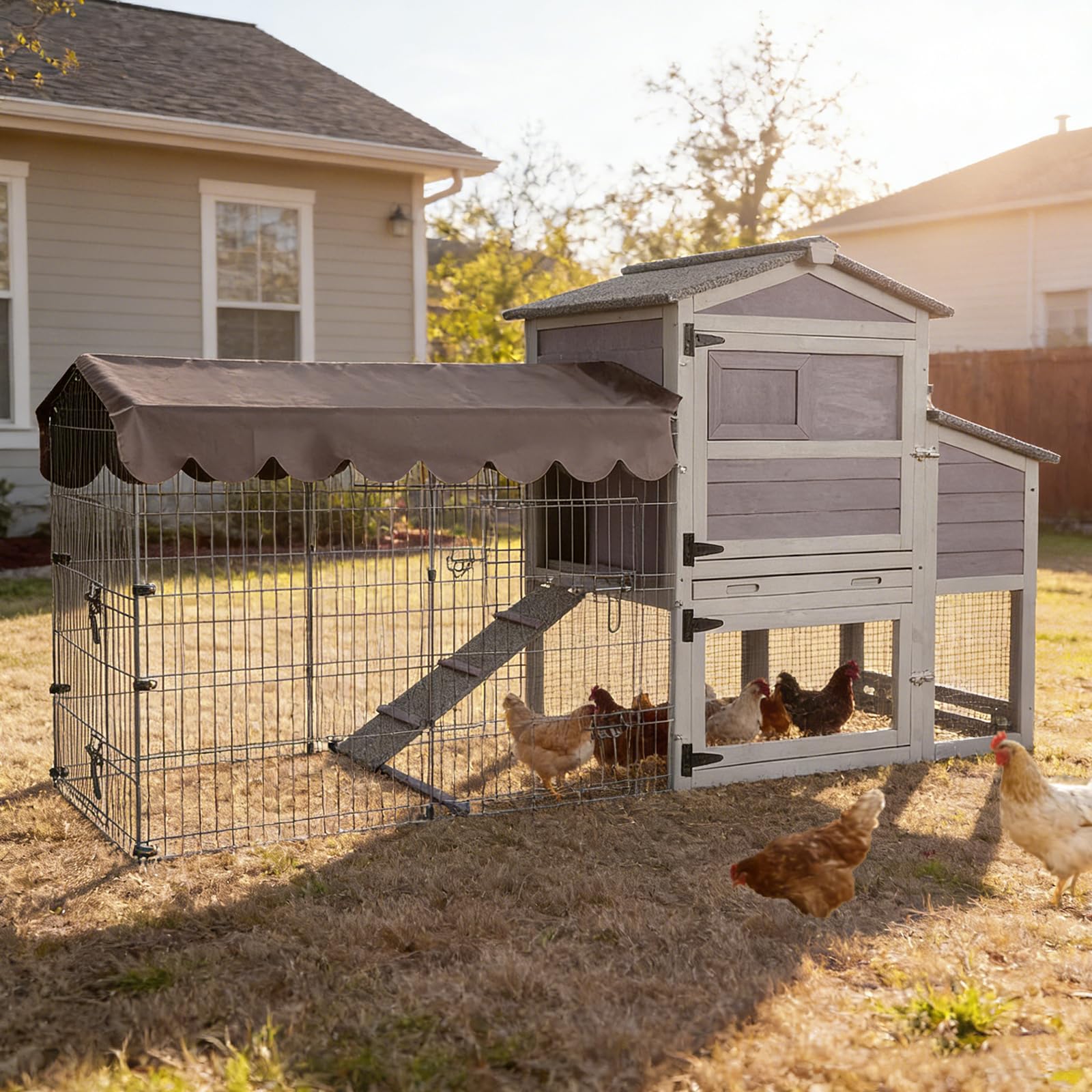 Mobile Chicken Coop with Run, Large Outdoor Wooden Poultry Cage Hen House with Wheels, Nesting Box, Pull-Out Tray, Waterproof Roof, Grey, 79.1" L x 25.2" W x 43.6" H, for 4-6 Chickens