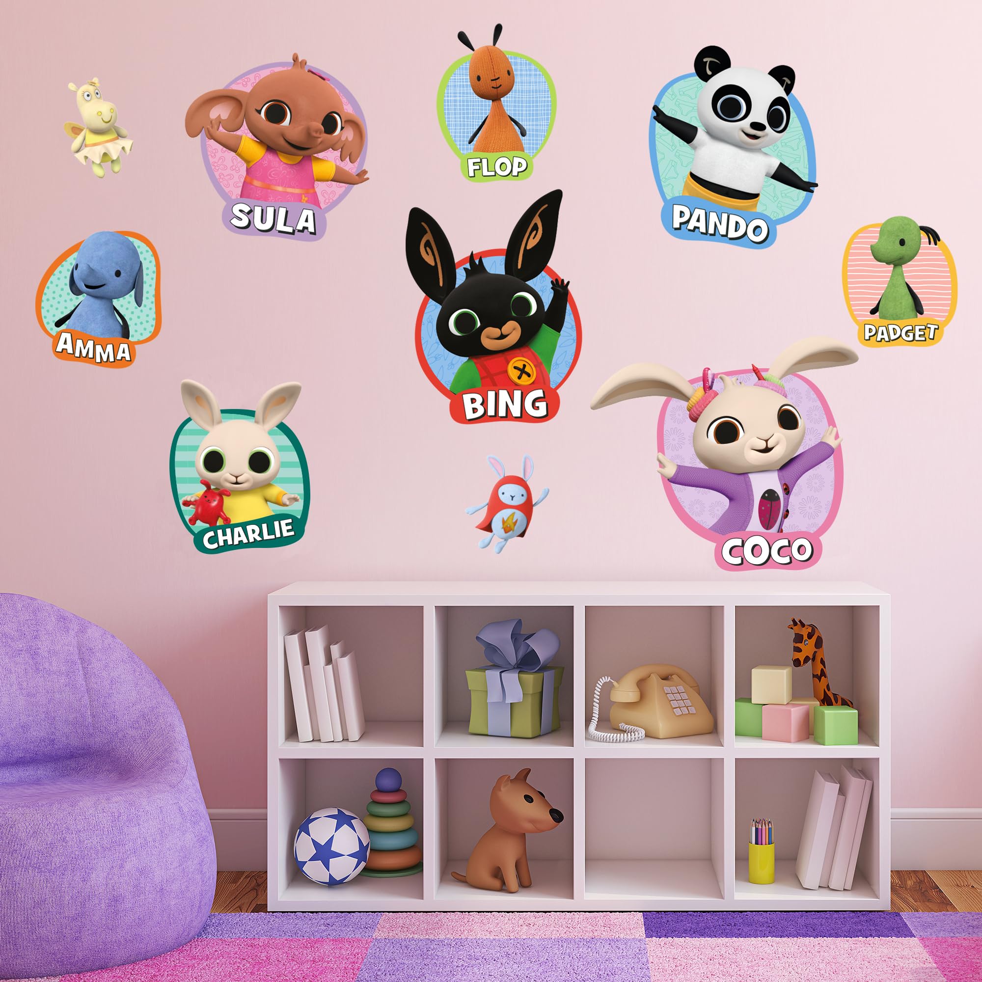 Themed Bing Wall Sticker - Bing Bunny Characters Colour Shapes Wall Decals Kids Art (90Cm Width X 45Cm Height)