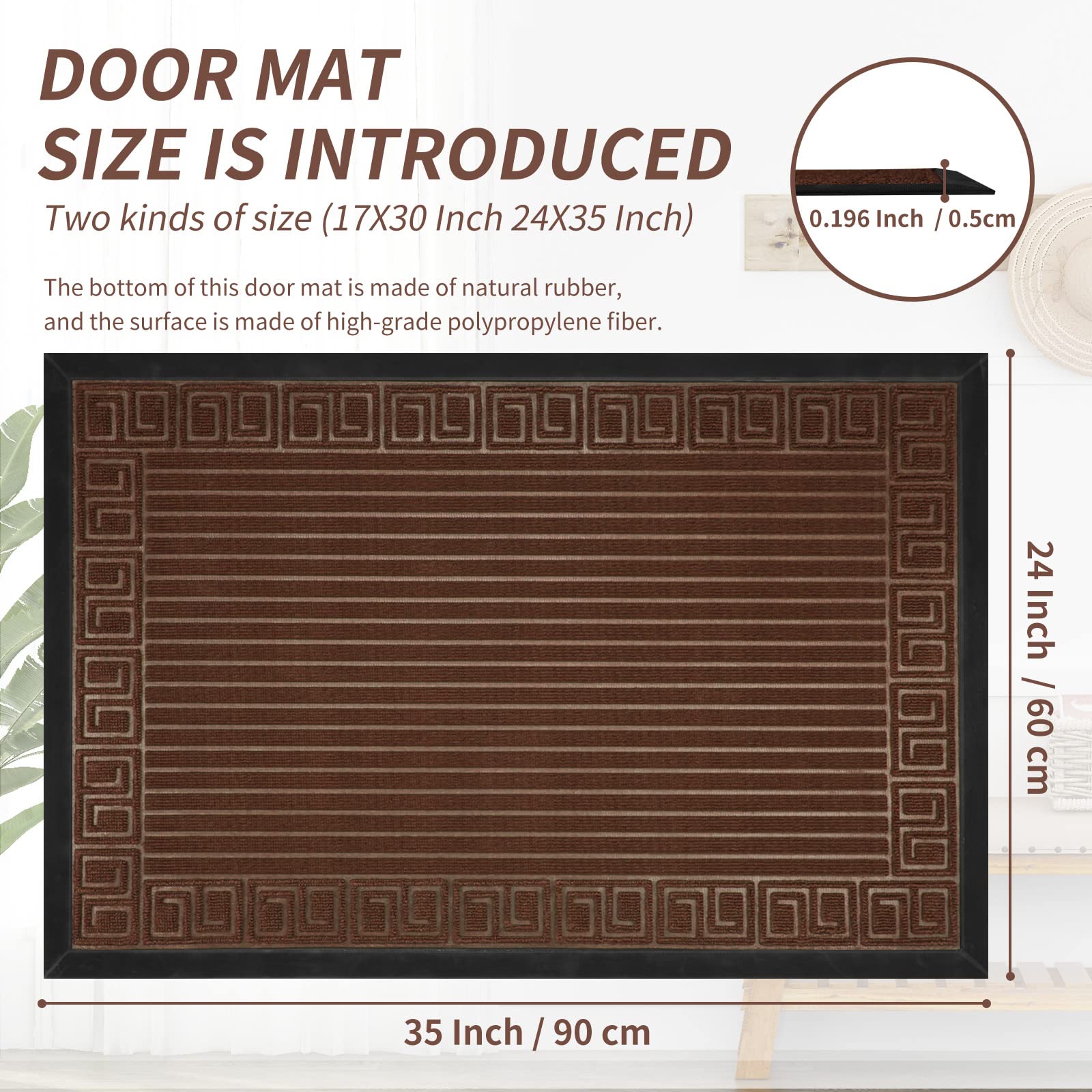 Front Door Mat,Outdoor Door Mat,Rubber Thickened Entry Mat for Porch,Non-Slip and Water Absorption Floor Mats,Welcome Shoes Mat,Easy Clean and Dirt Resistant Rug(Brown, 24''×35'')
