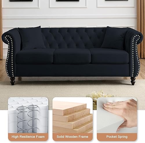 Miniatura 5 de Sofá para sala de estar, juego de 2 sofás de terciopelo Chesterfield de 80 pulgadas, 3 plazas y 59 pulgadas, moderno sofá de mediados de siglo con 4