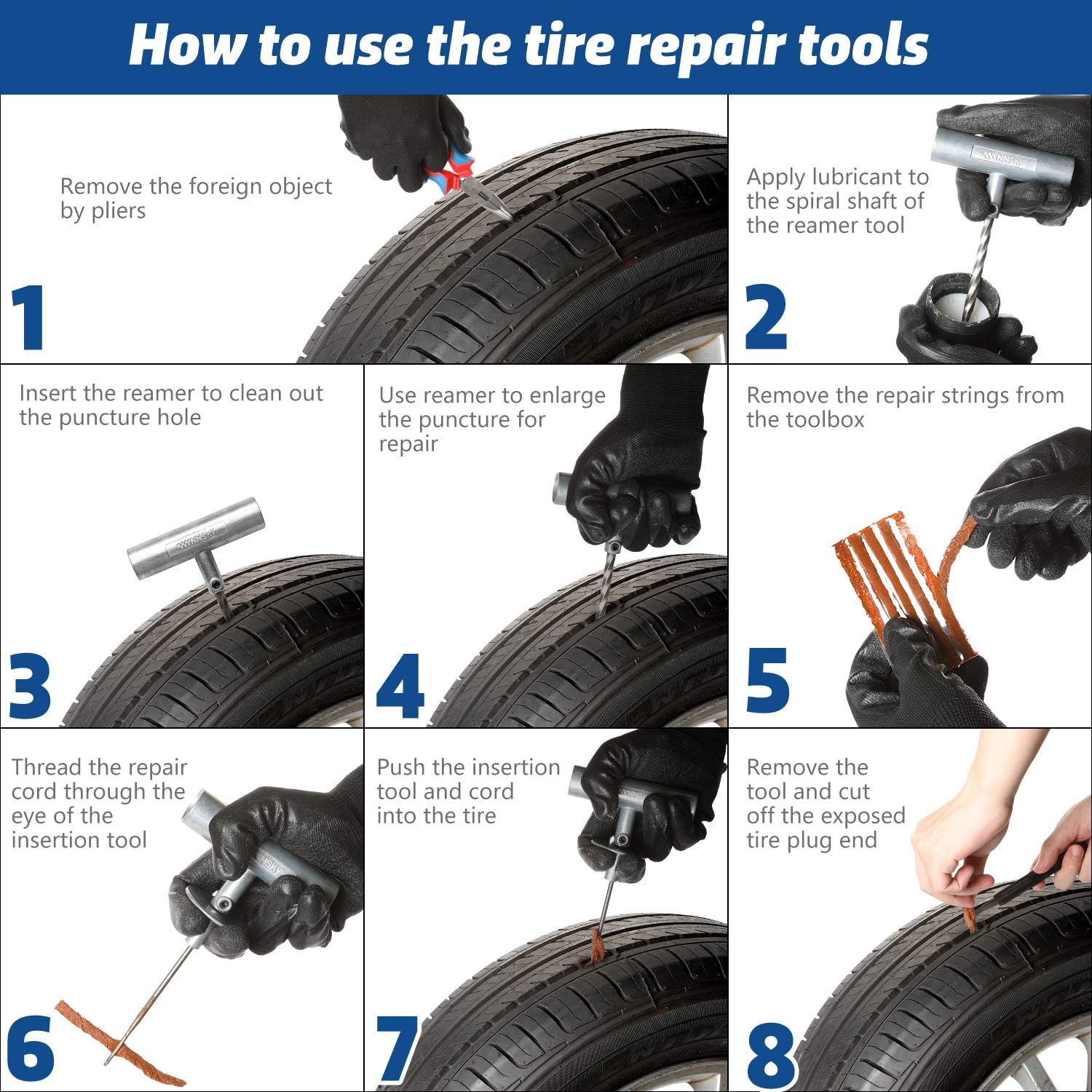 Universal Tire Repair Kit, Plug Flat and Punctured Tires 60 Pcs Heavy Duty Tubeless Tire Plug Tools for Motorcycle, ATV, Jeep, Truck and Tractor Flat