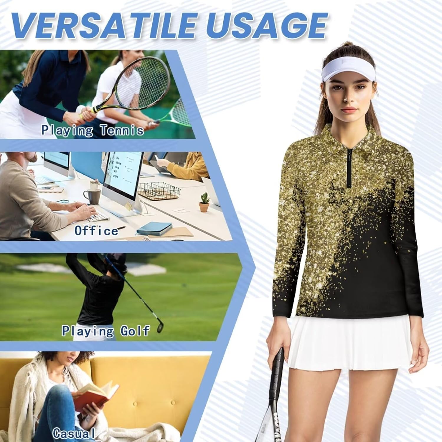 Boatee Gold Glitter Print Women Sport Cloth Golf Tennis Shirts Soft and Comfortable Quarter Zip with Collar Shirt Machine Washable for Golf,Tennis,Hiking,Running,Gym