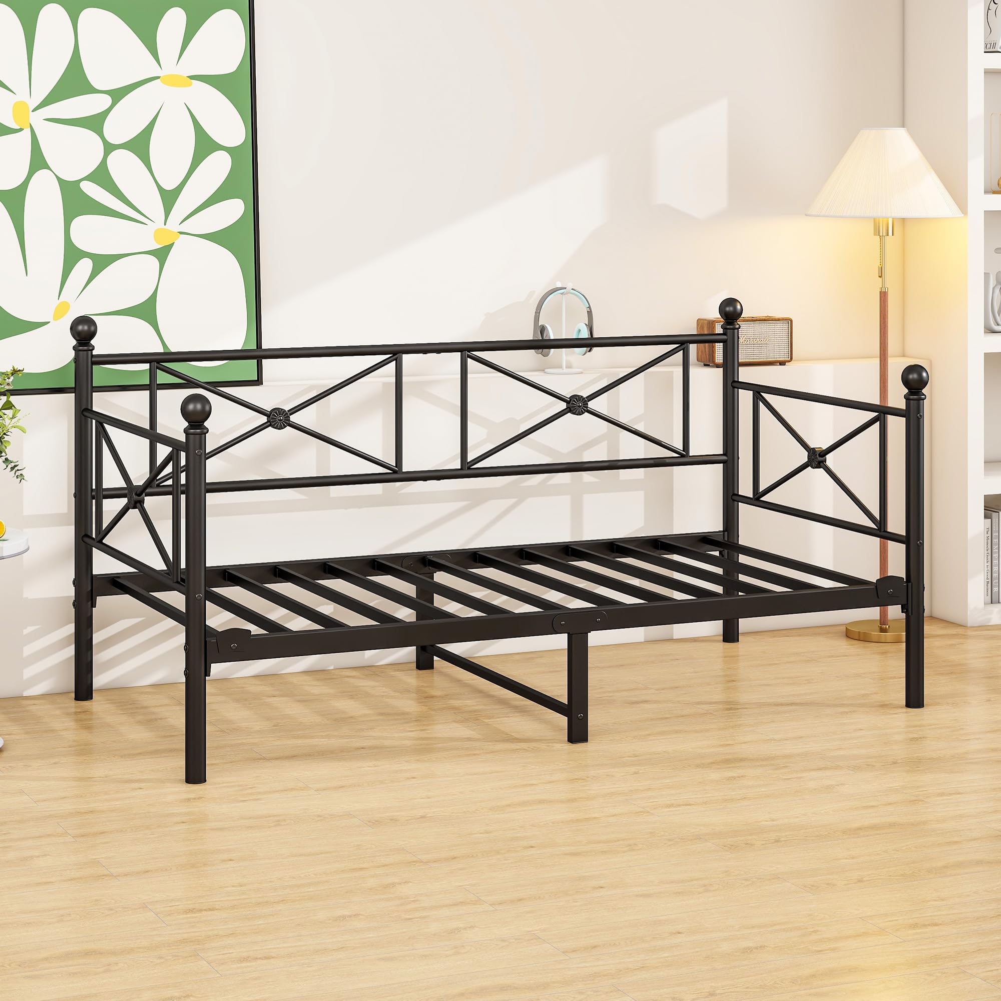 Tagesbett Metallbett 90x200 cm, Einzel Bettsofa mit Kopfteil & Lattenrost, Jugendbett Schweres Metall-Lattenrost zur Matratzenunterstützung, Tagesbett für Wohnzimmer & Schlafzimmer, Schwarz