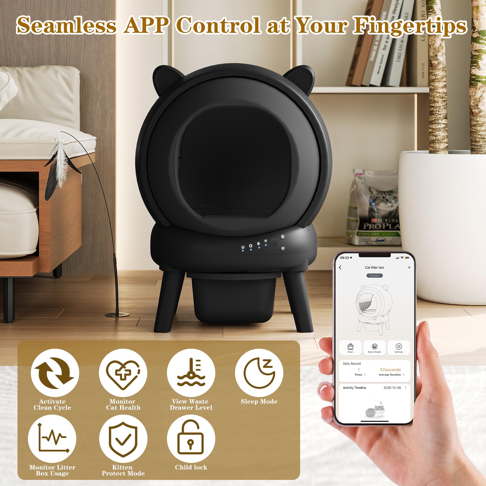 Automatic Cat Litter Box, Self Cleaning Litter Box Smart Robot for Multiple Cats, APP Real-Time Monitor, Odor & Noise Control, Safe Anti-Pinch, Trash Bag Included, Dark Grey - image 5