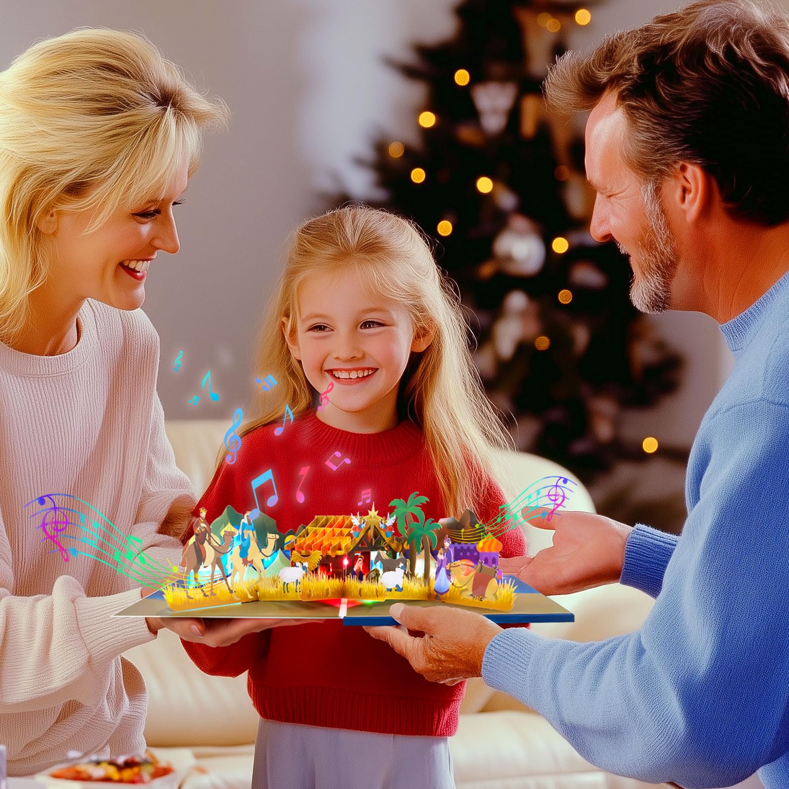 Biglietto di Natale pop-up 3D con LED e musica – Presepe – Biglietto di Natale religioso per la nascita di Gesù – Biglietto festivo per la famiglia, gli amici, con musica e busta – saluti di Natale