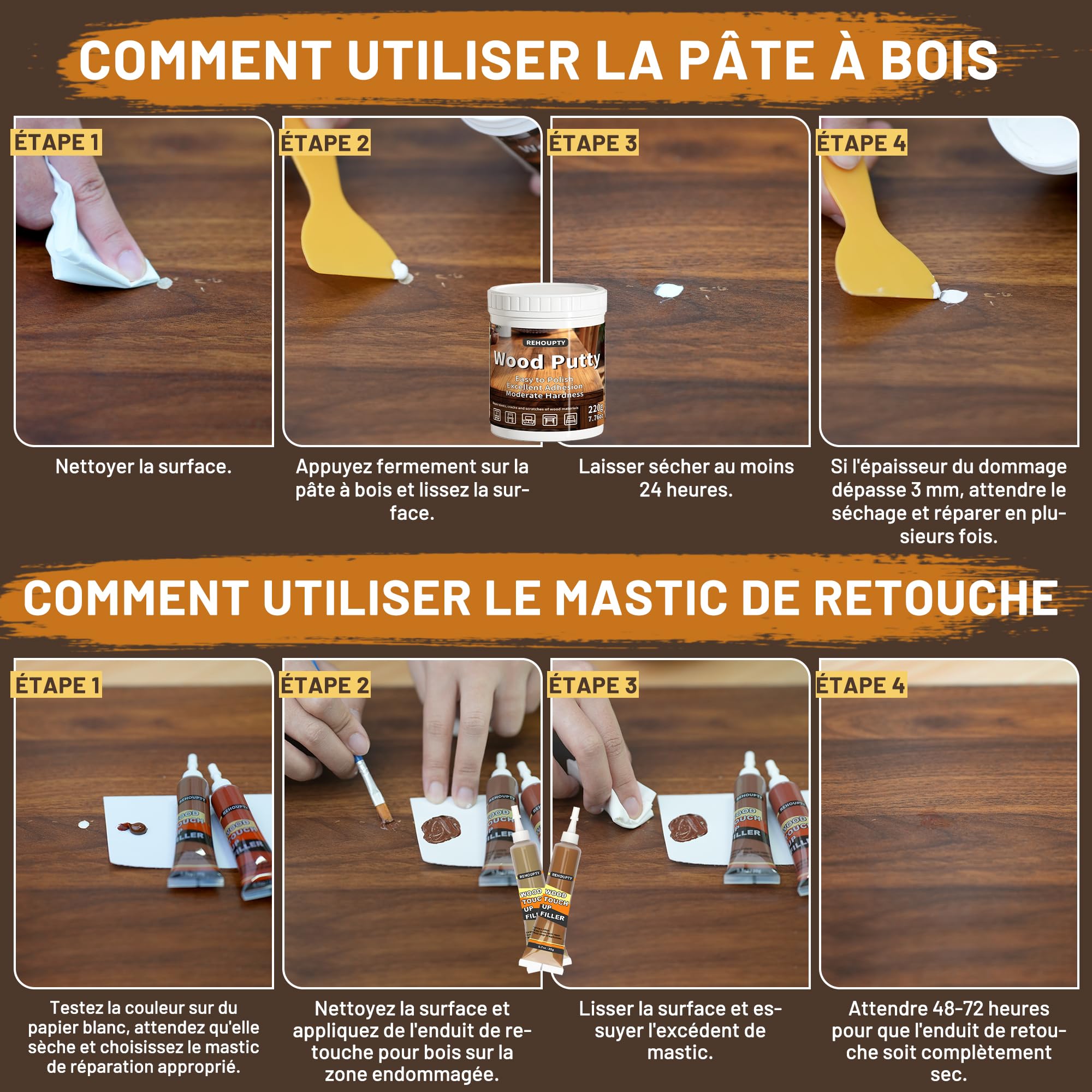 Kit Réparation Parquet Stratifié, Le Kit de Réparation de Meubles en Bois de Grande Capacité Comprend du Mastic Bois et de la Cire d'Abeille, 12 Couleurs Pâte à Bois, 8 Couleurs Feutre Retouche Bois