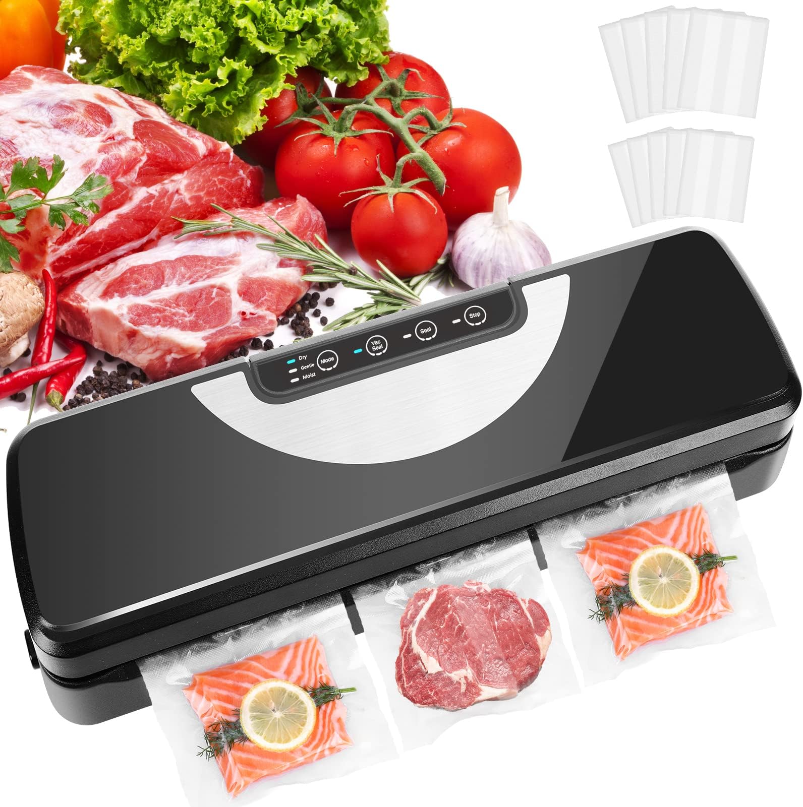 Vpcok DirectVacuum Sealer 5 in 1, Sous Vide with Built-in Cutter, Vacuum Sealer Film Welding Device, Includes 10 Vacuum Bags and Hose, ABS Material, Black, Manual Operation