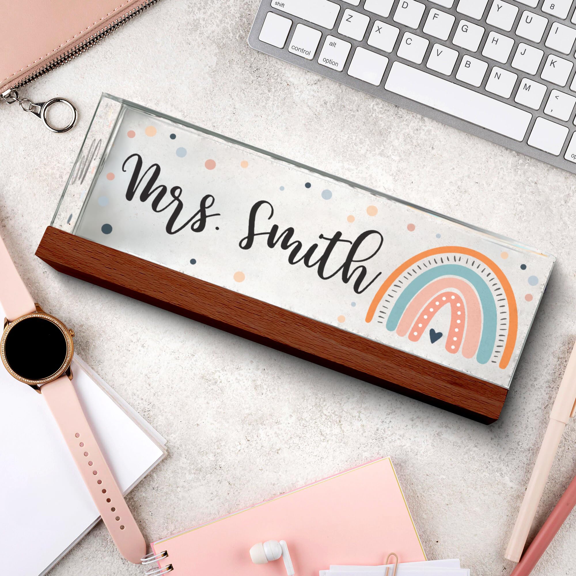 Extous Personalized Teacher Desk Name Plate, Custom Name Plate, Teacher Acrylic Block, Teacher Appreciation Gift, Rainbow Desk Decor