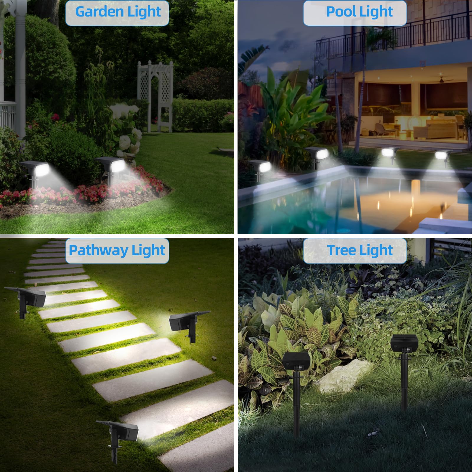 Confezione da 4 faretti solari per esterni, 65 faretti LED per paesaggio, IP65, impermeabili, dal tramonto all'alba, decorazione di sicurezza per vialetti, cortile, giardino, patio