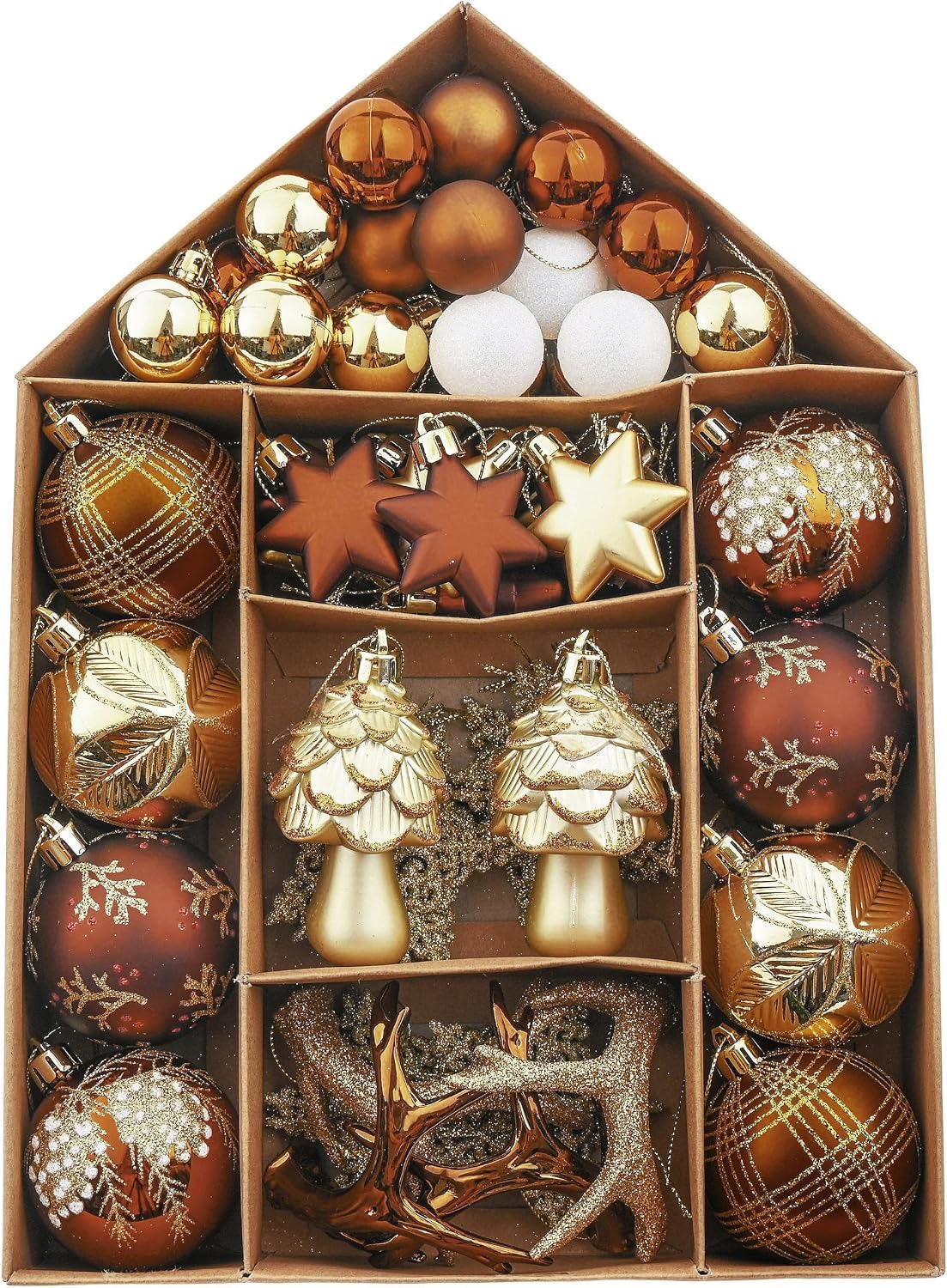 Valery Madelyn Christmas Baubles, 70pcs Shatterproof Copper Gold Christmas Ball Ornaments for Tree Decoration, House Shape Packing, Medium — image 1