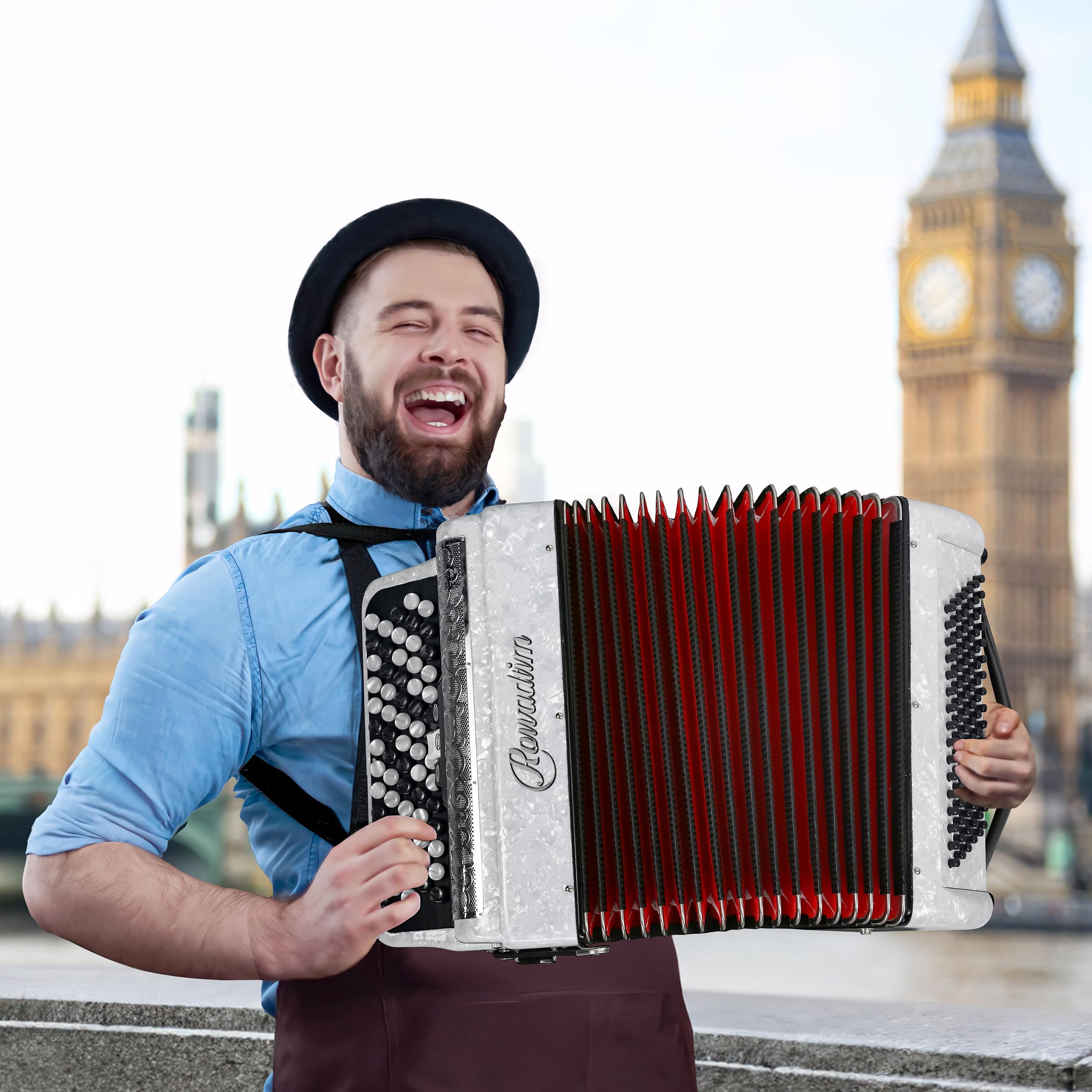 Accordion - 69 Key 96 Bass Professional Model with Strap | Premium Performance Instrument for Teachers, Musicians & Serious Enthusiasts (White)