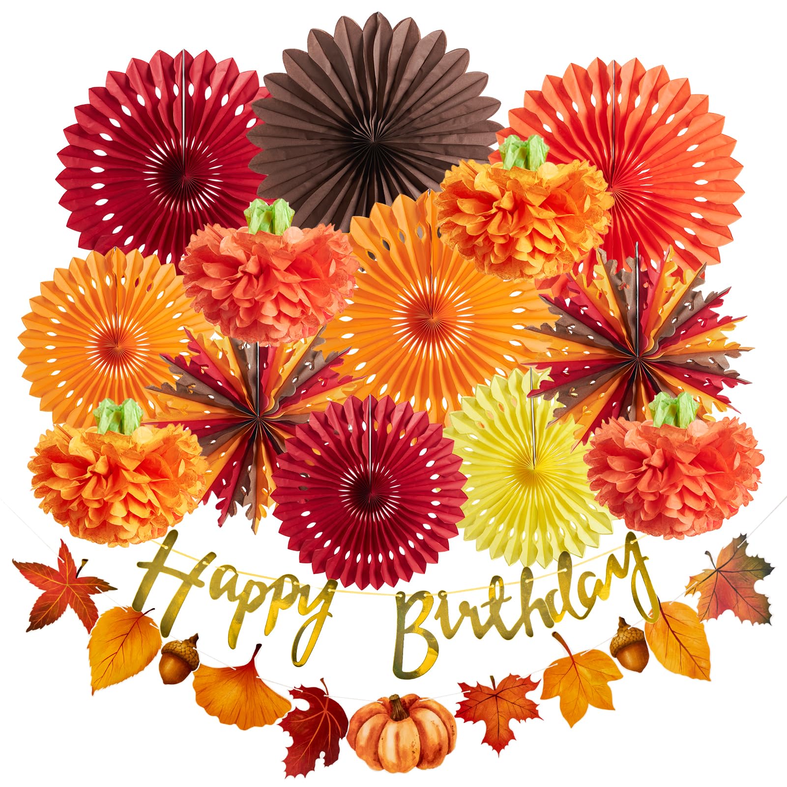 SUNBEAUTY Herbst Party Dekorationen Orange Papierfächer Party Dekorationen Rot Ahornblätter Girlande mit Pom Poms Girlande für Hochzeit Geburtstag Thanksgiving Tischdeko Klassenzimmer
