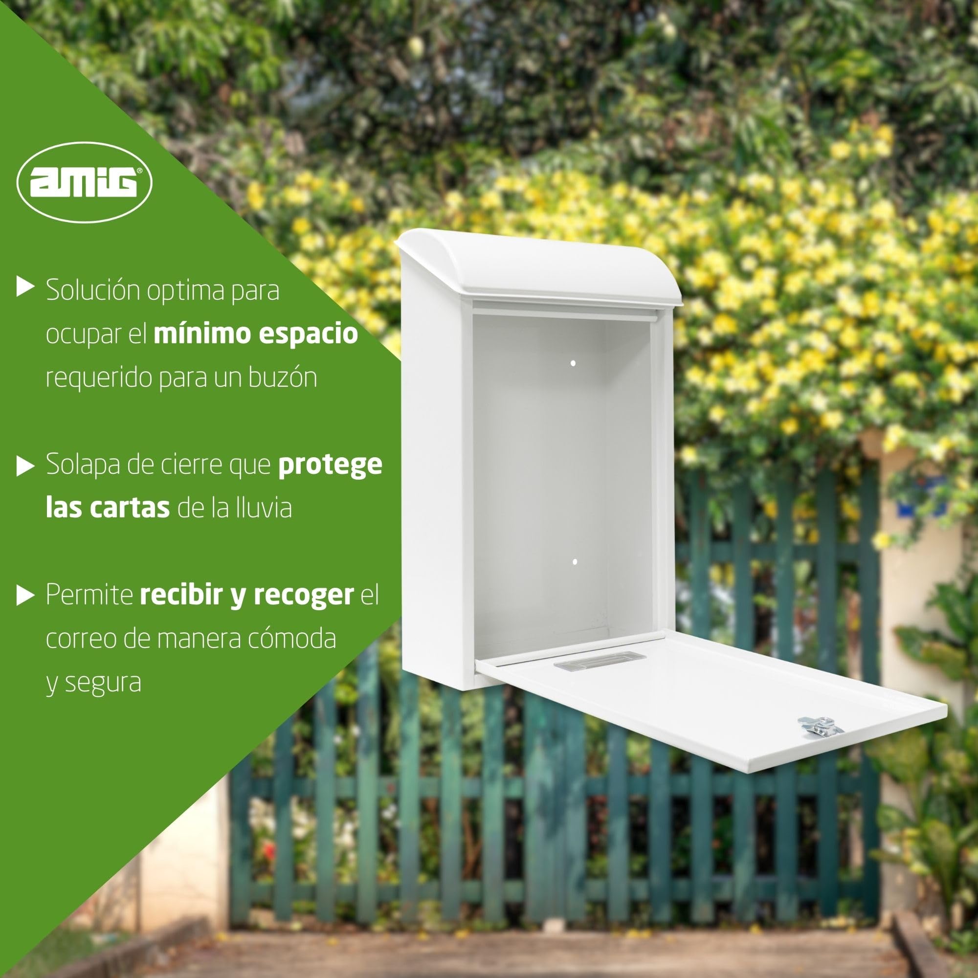 Amig - Buzón Exterior de Pared - Tamaño Compacto para DIN A4 - Apertura Frontal con Cerradura - Acero - Blanco - Fácil de Instalar en Puertas o Verjas - 40 x 24 x 8 cm