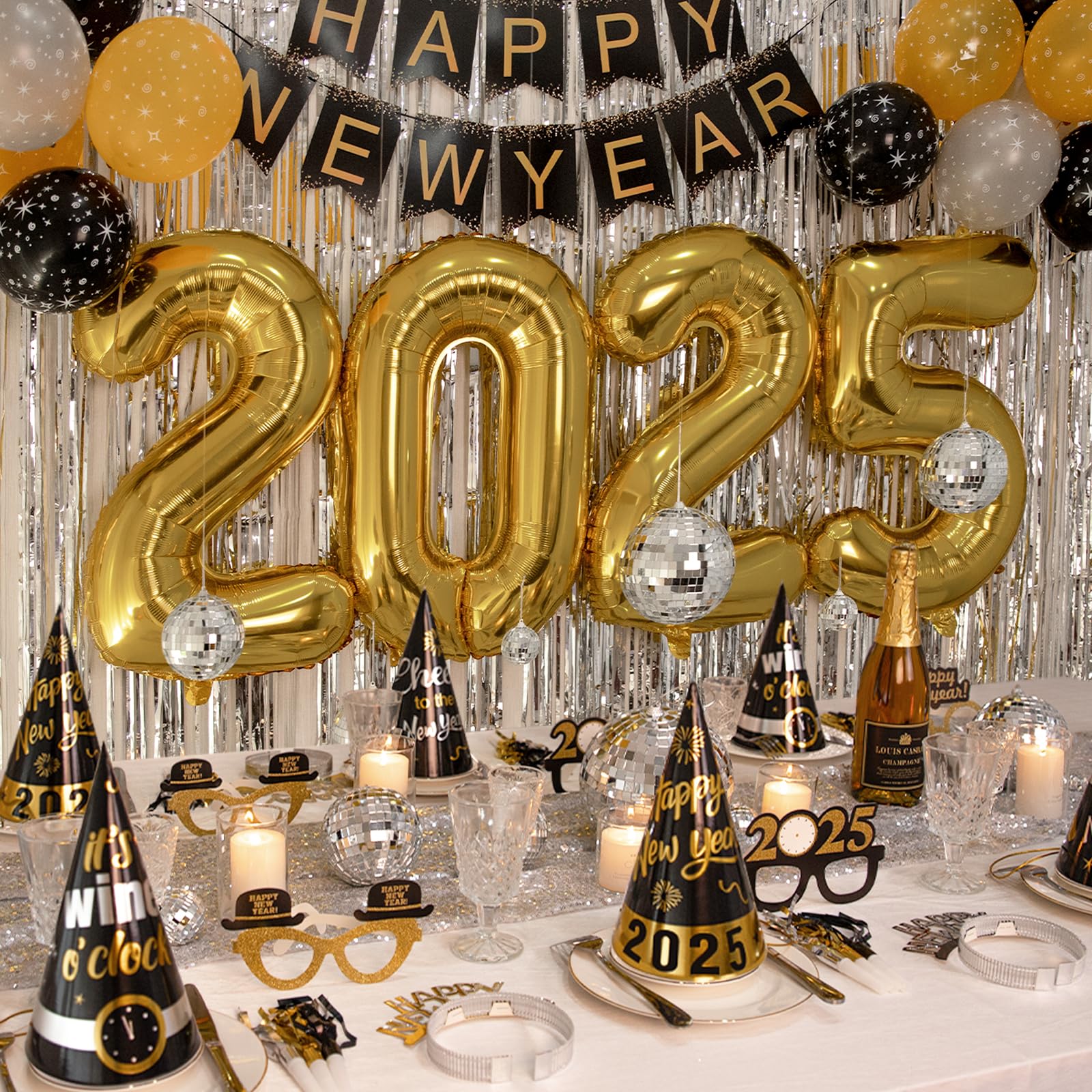 New Years Eve Party Supplies 2025 - Happy New Year Decorations Kit - Set of 46 Includes Banner, Hats, Glasses, Tiaras, Balloons, Squawkers and Fringe Curtains - Accessories for Kids Party Decor