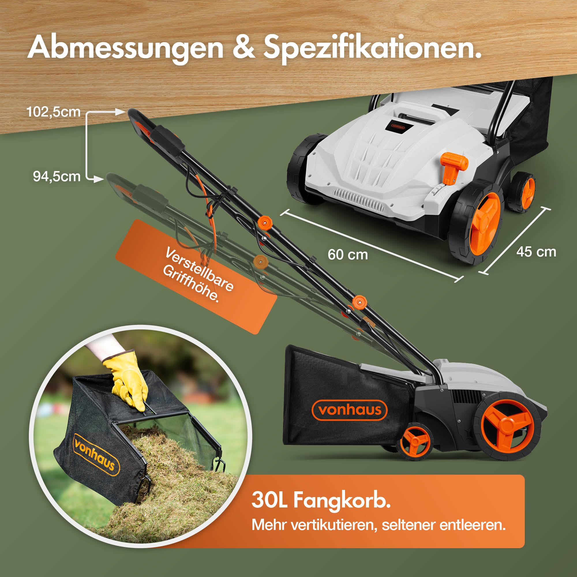 VonHaus Rasen-Vertikutierer/Aerator/Rechen Elektrisch 1500W, Zum Vertikutieren Und Rechen Von Rasen, Entfernt Filz, Moos Und Laub, Belüftet Den Boden, 30L Fangkorb, 4 Schnitthöhen, 32cm Arbeitsbreite