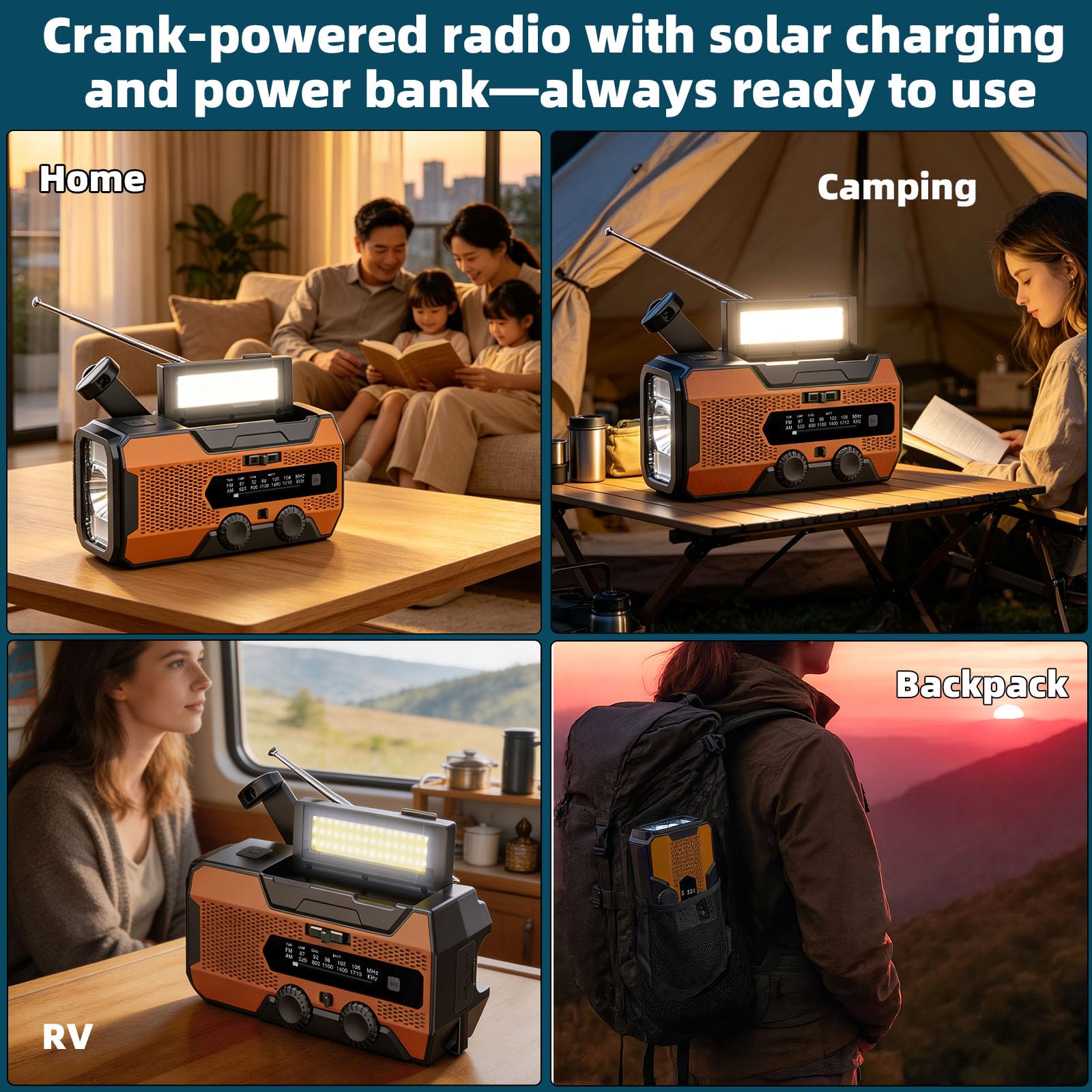 SOLARBABY A1 Radio a manovella, Radio Solare Portatile con 10000mAh Powerbank, AM/FM Radio di Emergenza Solare con Torcia Luce di Lettura Allarme SOS USB per Emergenze Blackout Campeggio, Arancione