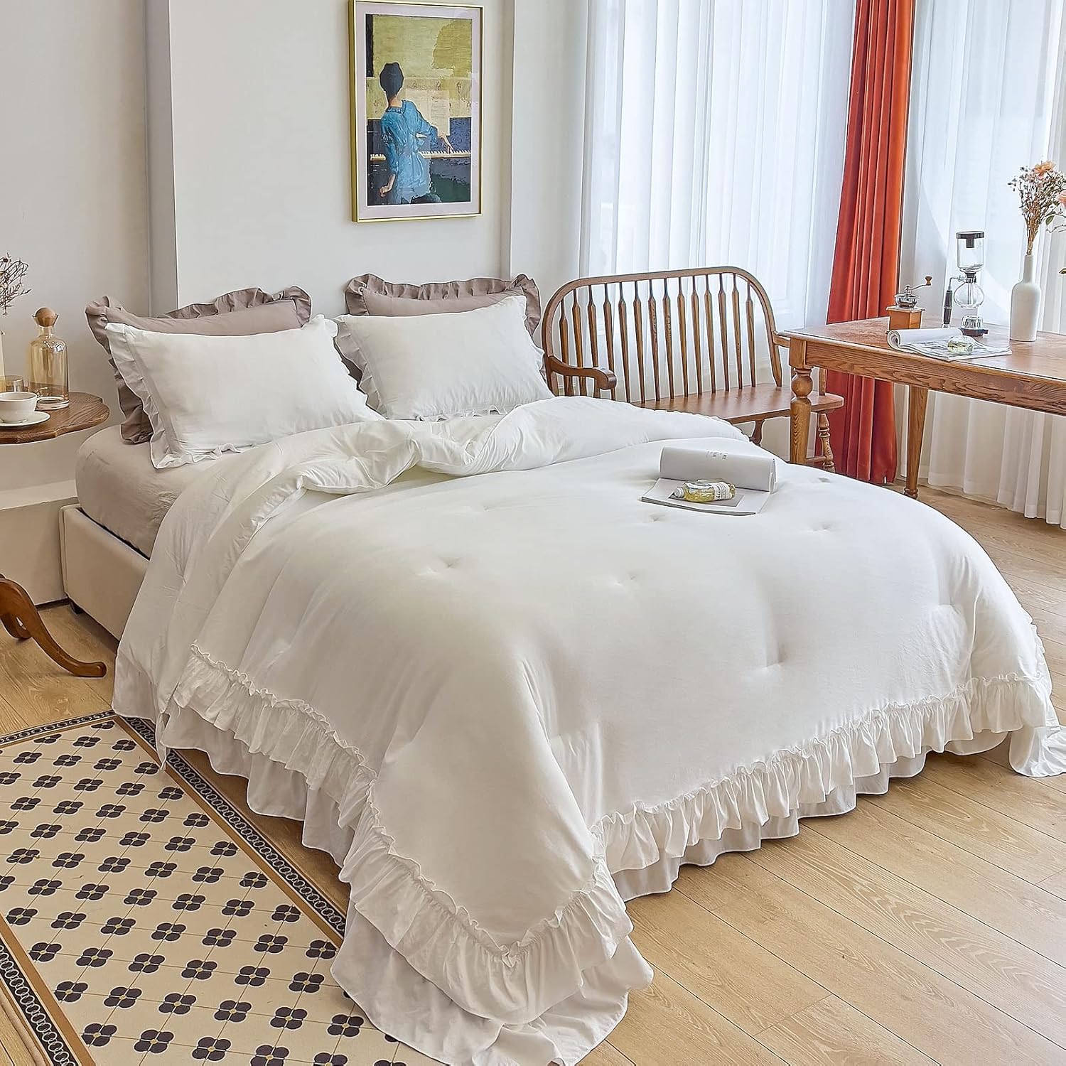 AIKASY White Comforters King Size Set, Vintage Boho Chic Farmhouse Bedding Sets Shabby Ruffle Queen Bed Comforter Bedding 3PCS（1 Comforter and 2 Pillowcases） - Image 4