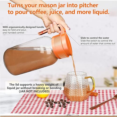 Miniatura 9 de Tapas de boquilla de boca ancha con asa, con tapa de adaptador, innovadora tapa deslizante y boquilla de fácil vertido, convierte tu tarro Mason en