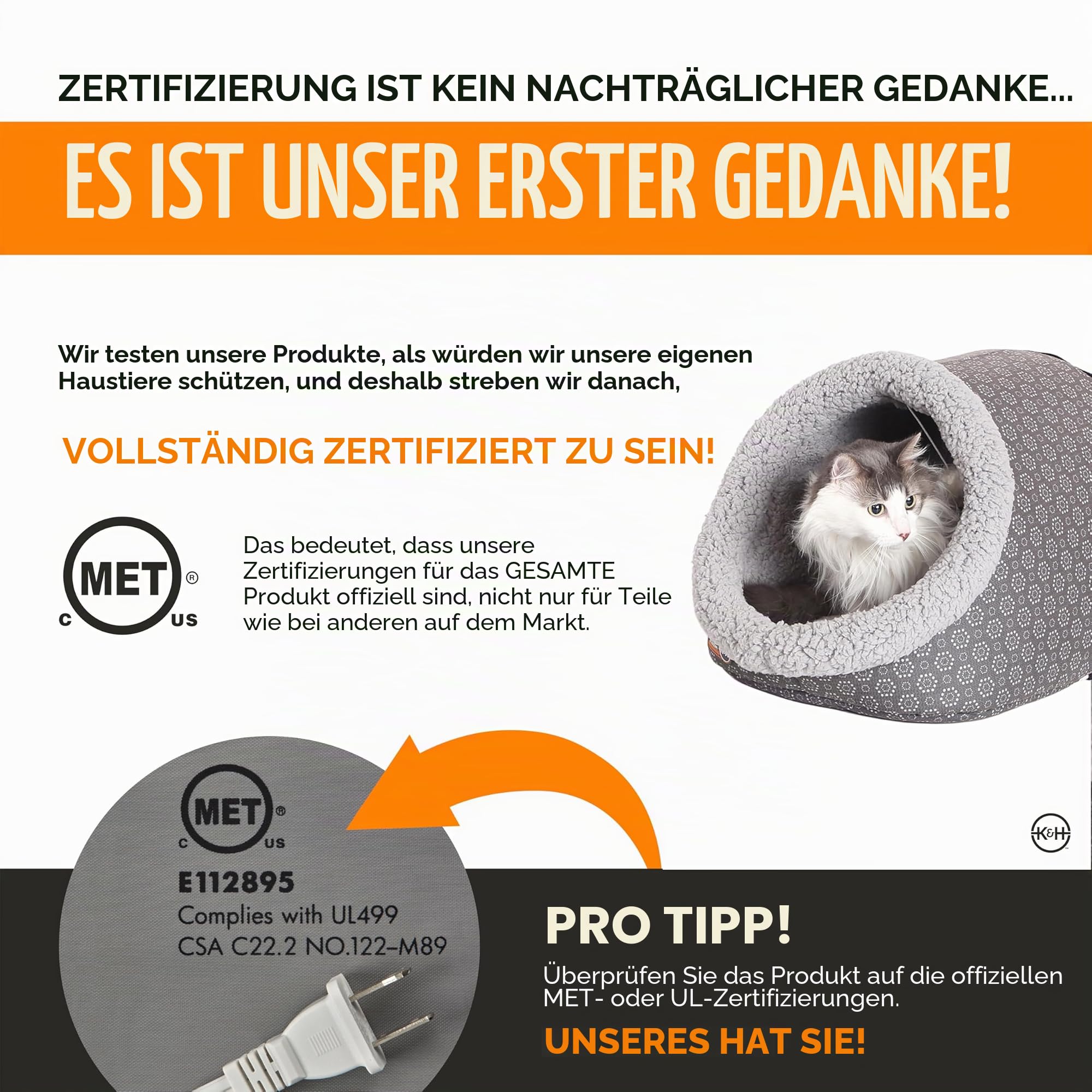 K&H Pet Products Thermo-Pet Cave Beheiztes Katzenbett, Grau/Geo-Blume, 43,2 x 38,1 x 33 cm