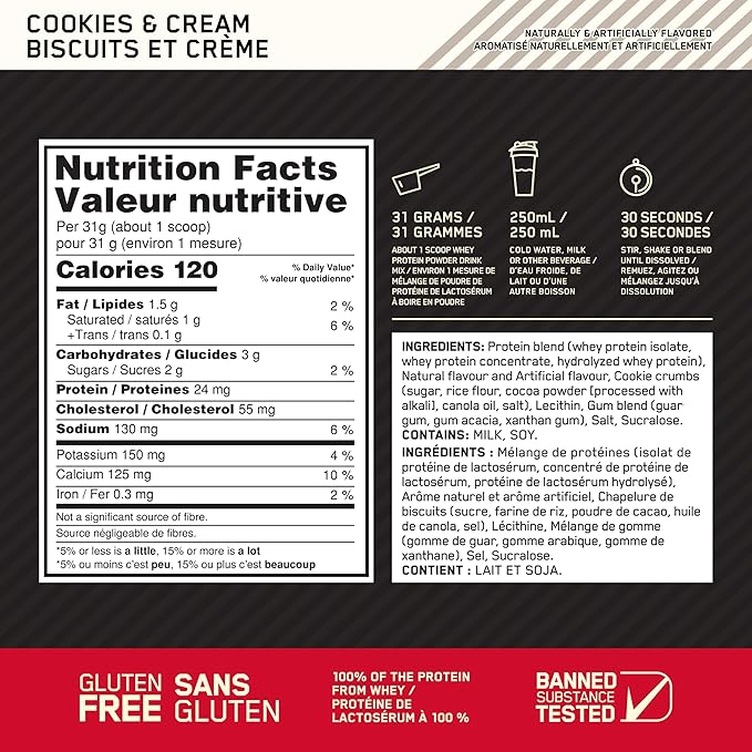 Optimum Nutrition Gold Standard 100% Whey Protein Powder is a popular dietary supplement designed to support muscle recovery and growth. Each serving delivers 24 grams of high-quality protein primarily sourced from whey protein isolates, which are among the purest forms of whey available. This product is particularly favored by athletes and fitness enthusiasts for its effectiveness in enhancing muscle protein synthesis and overall workout performance.