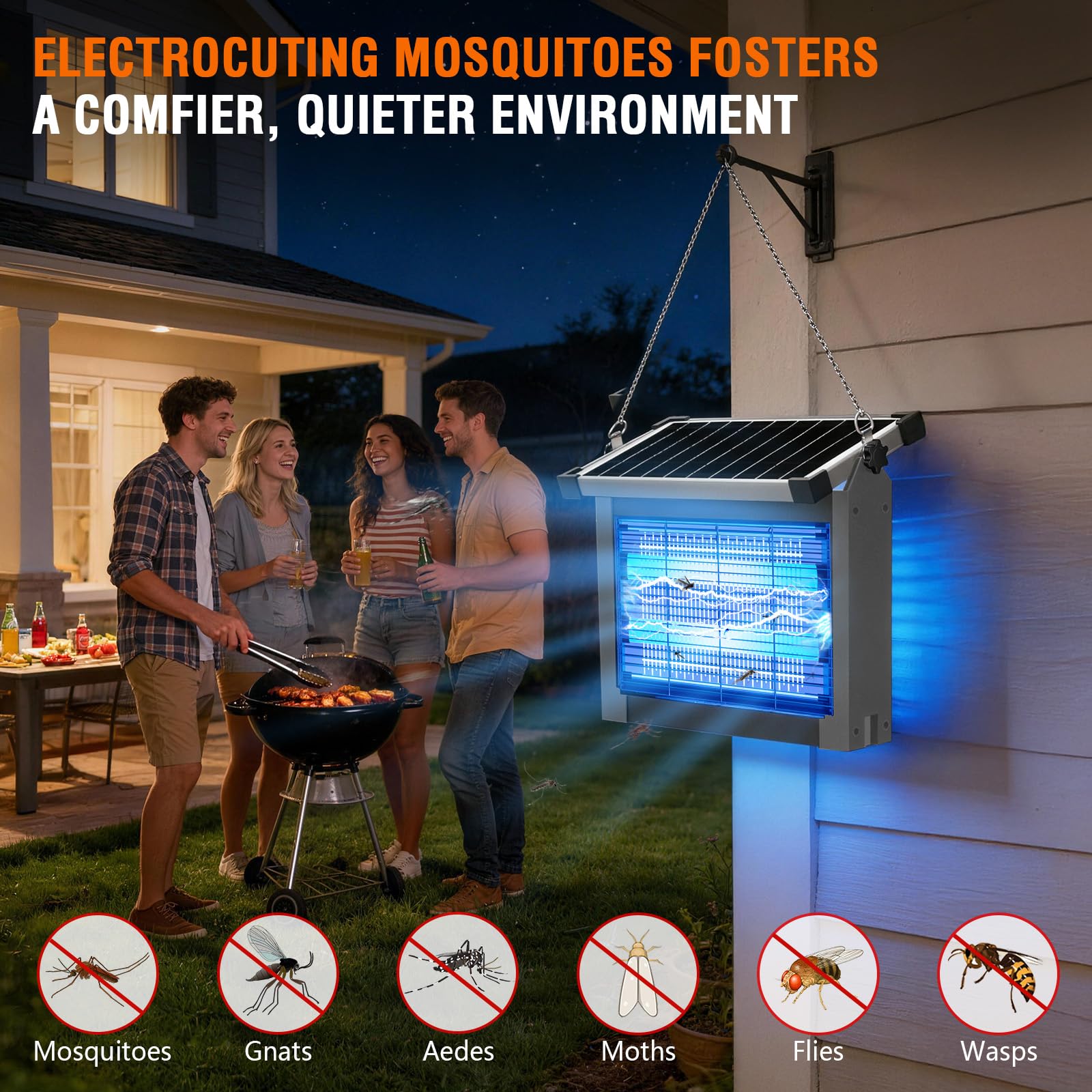 Solar Bug Zapper Outdoor, 4500V Wiederaufladbarer Wasserdichter Mückenvernichter mit Solarpanel Sensor, Elektrische Fliegenfalle, 3.0 m Kabel, Kabelloser Insektenvernichter für Terrasse Hof