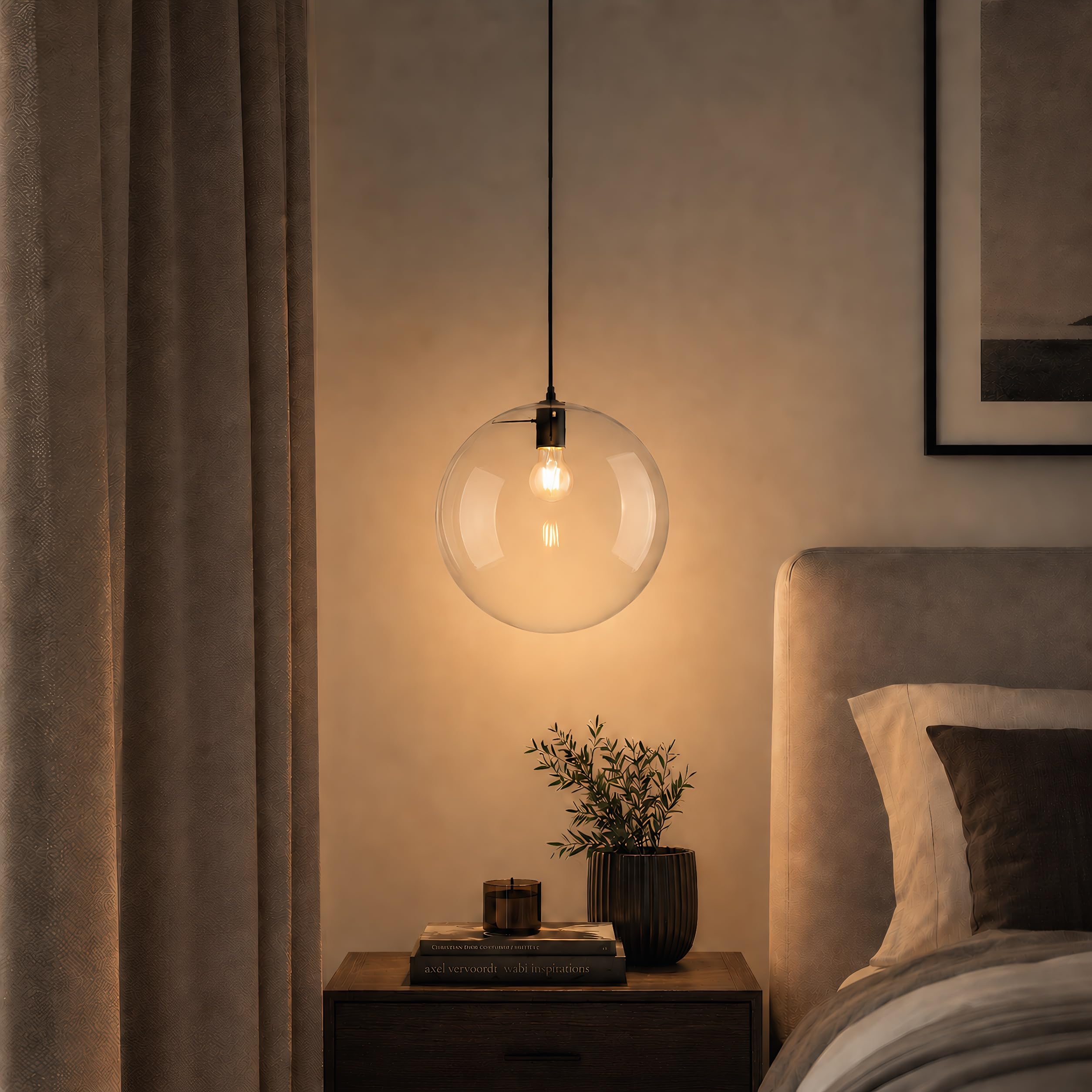 Suspension en Verre Moderne Minimaliste Lampe Suspendue E27 avec Globe en Verre Douille Noire Câble Réglable 150 cm pour Îlot de Cuisine Salle à Manger Chambre Café (25CM)