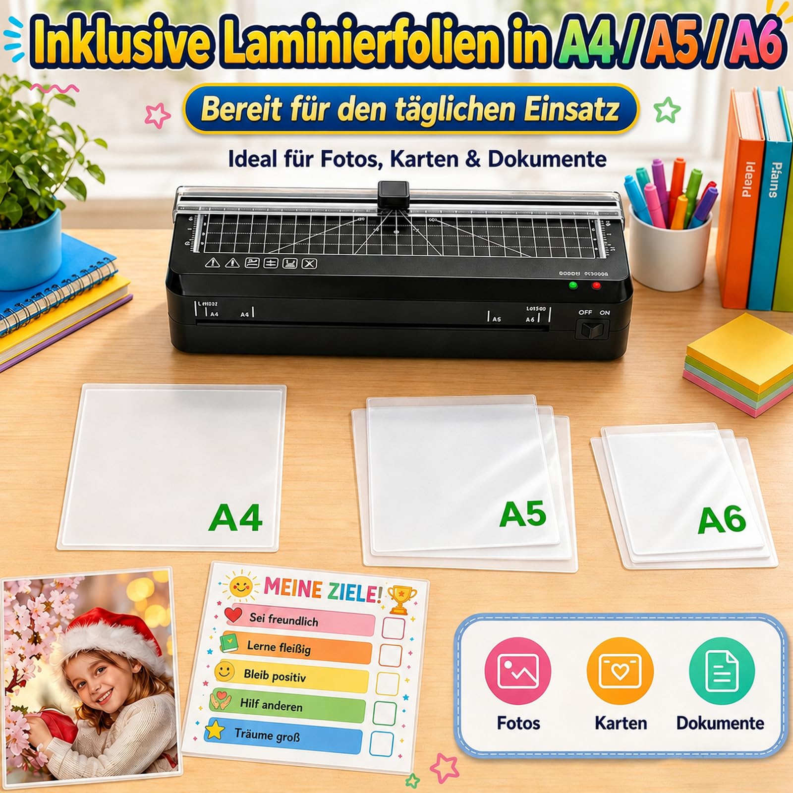 Laminator, Laminator A4 Szybkie nagrzewanie 70 s | Kontrola temperatury NTC, zintegrowany nóż, funkcja ABS zapobiegający zakleszczeniu, przenośny do szkoły, biura i domu