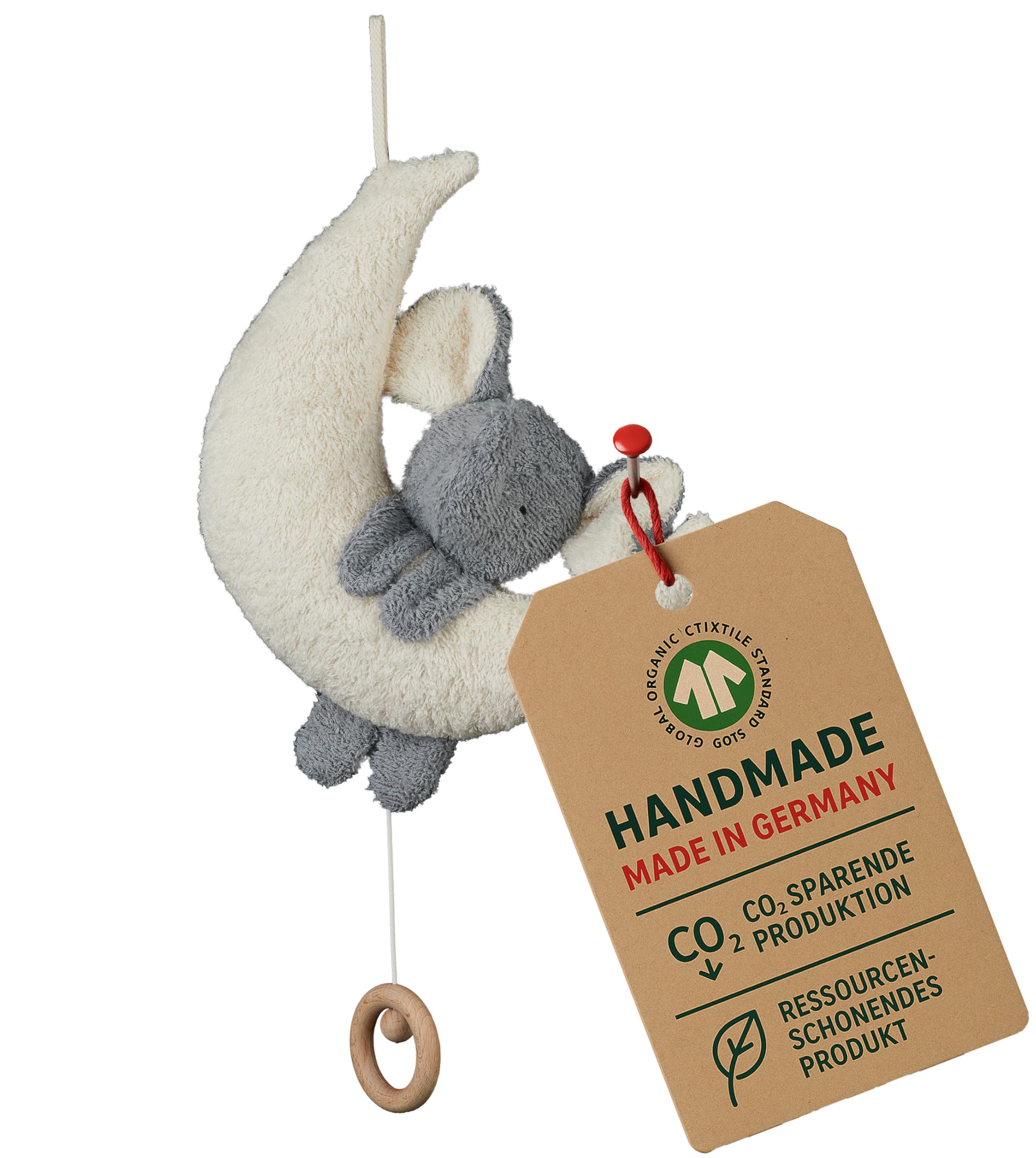 Efie Bio-Spieluhr Elefant auf Mond -100 % Baumwolle (kbA), Schurwollfüllung (kbT) - handgefertigt in Deutschland GOTS-zertifiziert - nachhaltiges Babyspielzeug - Mozart (Schlafe mein Prinzchen)