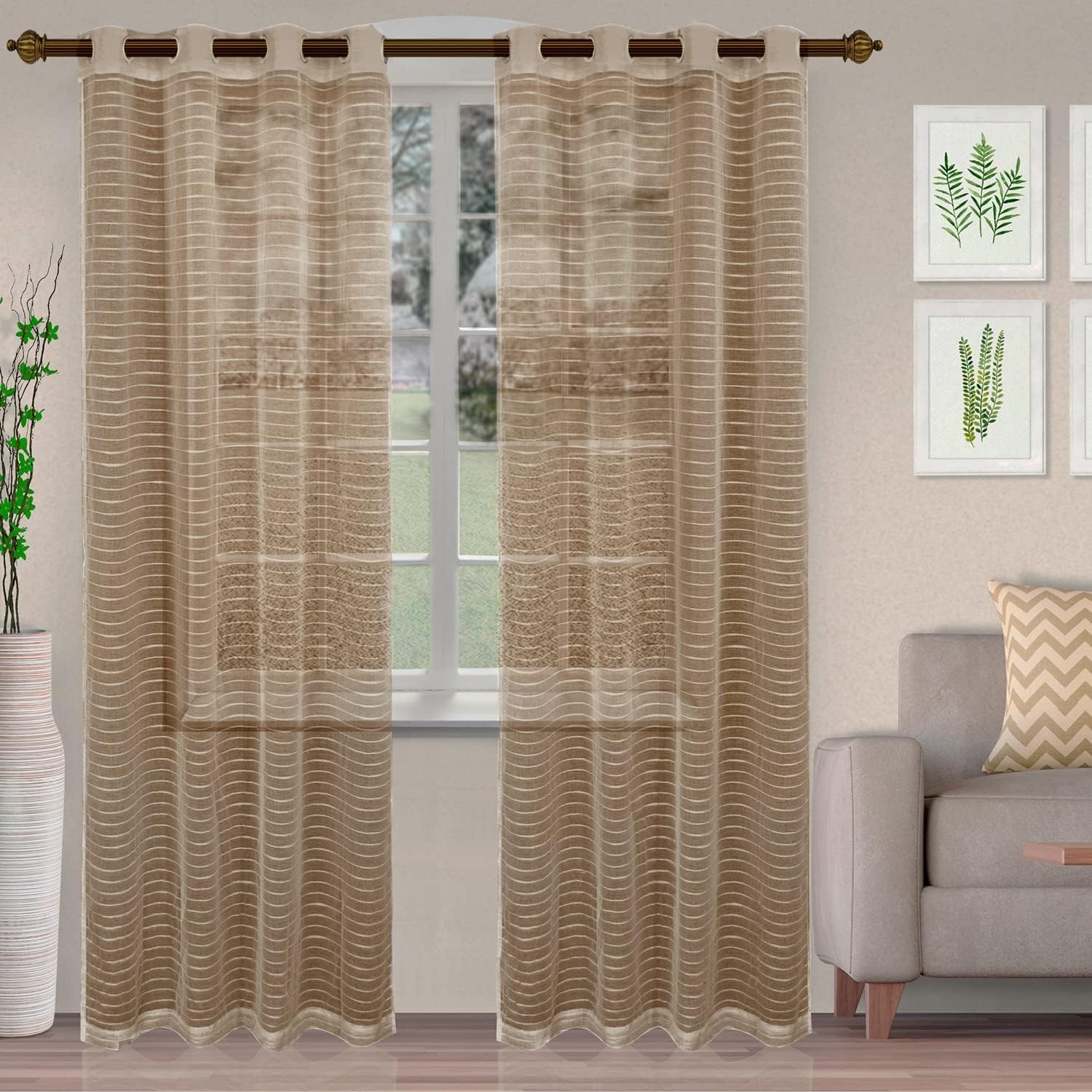 Superior Natural Light Filtering Sheer Curtain Panels, 6 Grommets, Window Treatments, Drapes Kitchen, Office, Bed, Living Room Windows, Jackson Striped Sheer Curtains, Set of 2, 42" x 96", Taupe