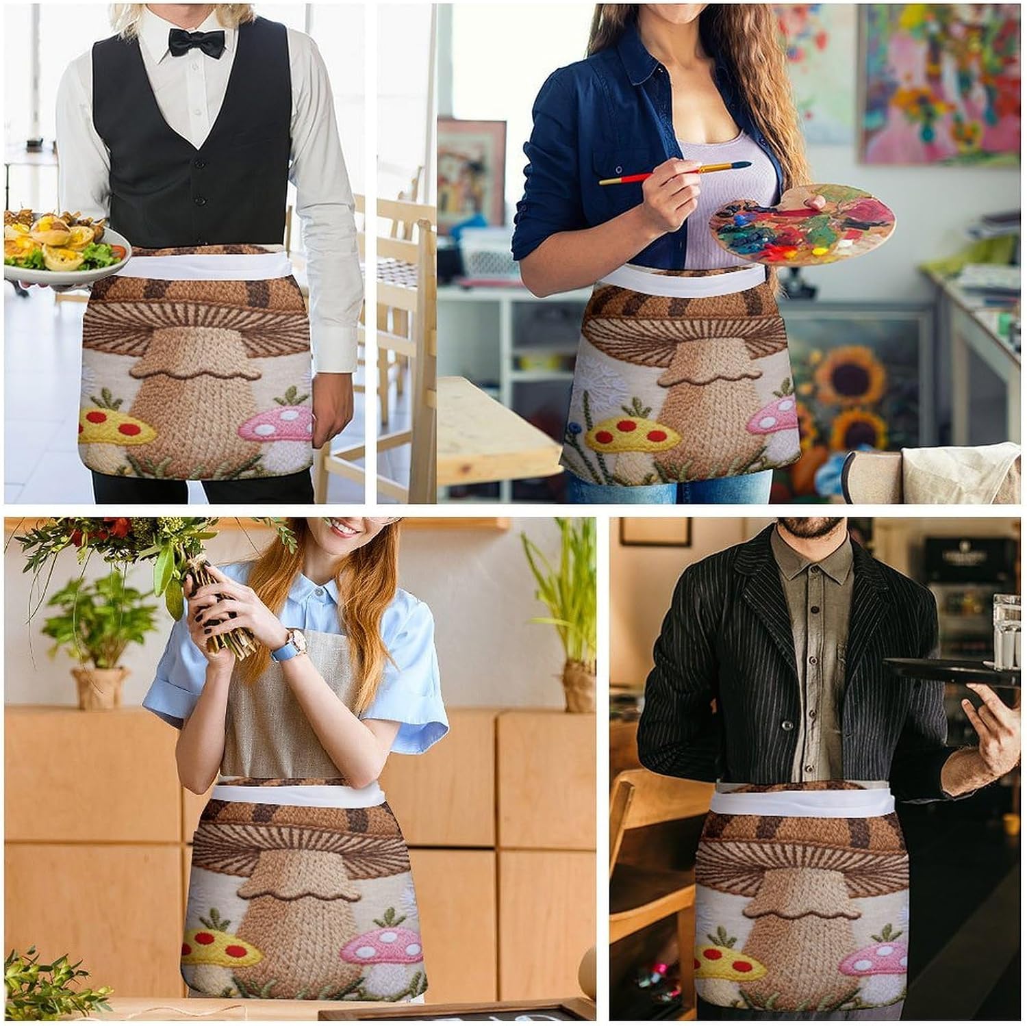 Beautiful Mushroom Embroidery Apron Waterproof Chef Works Half Bistro Server Apron Adjustable Waist Half Apron With Pockets for Men Women Soft Cooking Apron