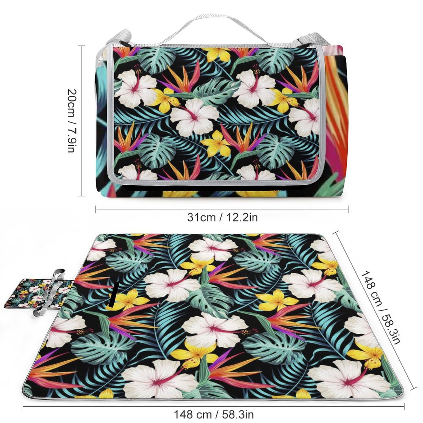 Floral-Leaves-Tropical-Print Picnic Blanket Waterproof Foldable, Large Outdoor Picnic Blanket Beach Blankets Camping Blanket Travel Mat, Shoulder Strap Tote, Rectangle 58x58in