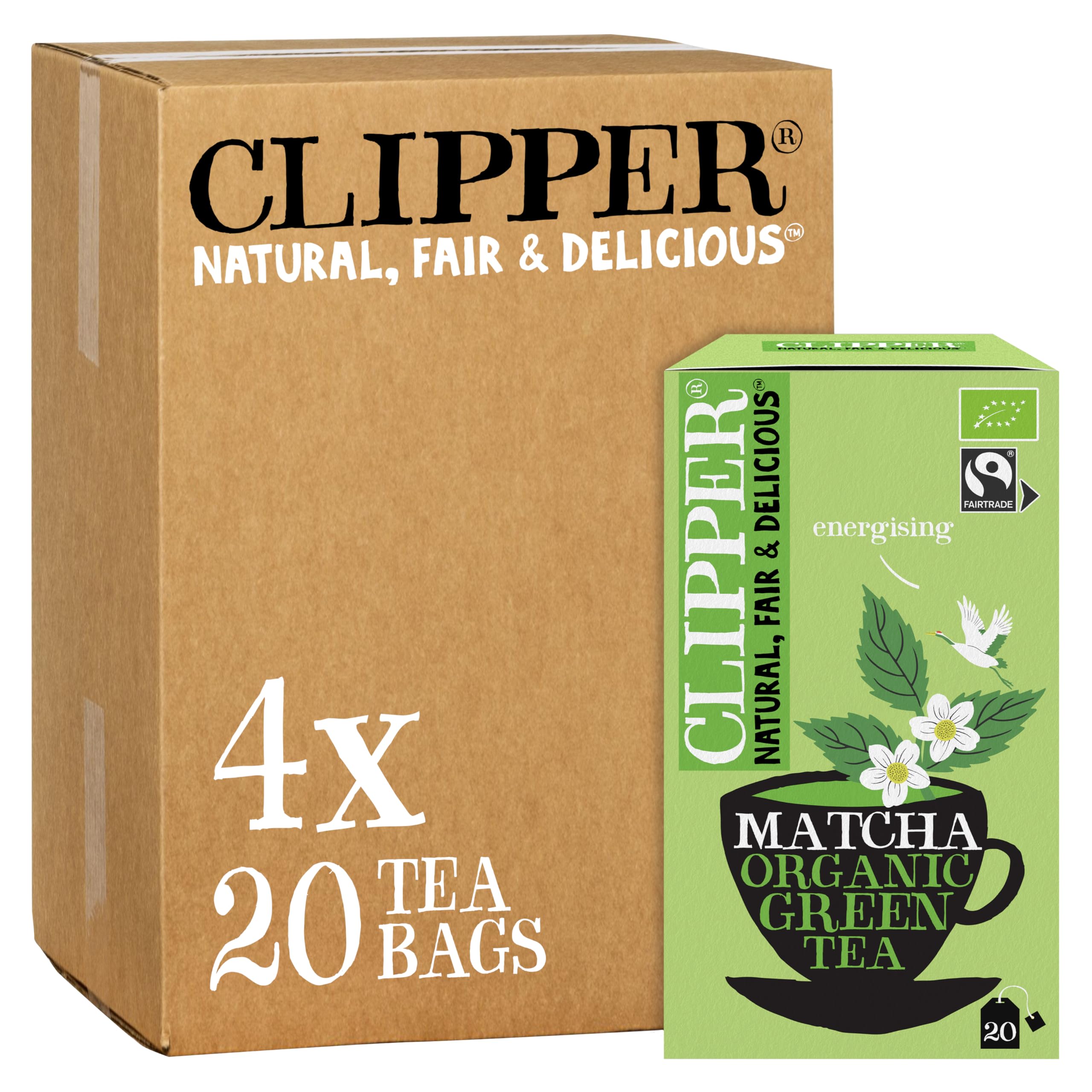 Clipper Organic Green Tea & Matcha Tea Bags | 80 Infusion Teabags (4x20) | Natural Energy Boost, Antioxidant-Rich | Unbleached, Plastic-Free, Biodegradable | Vegan & Fairtrade Tea