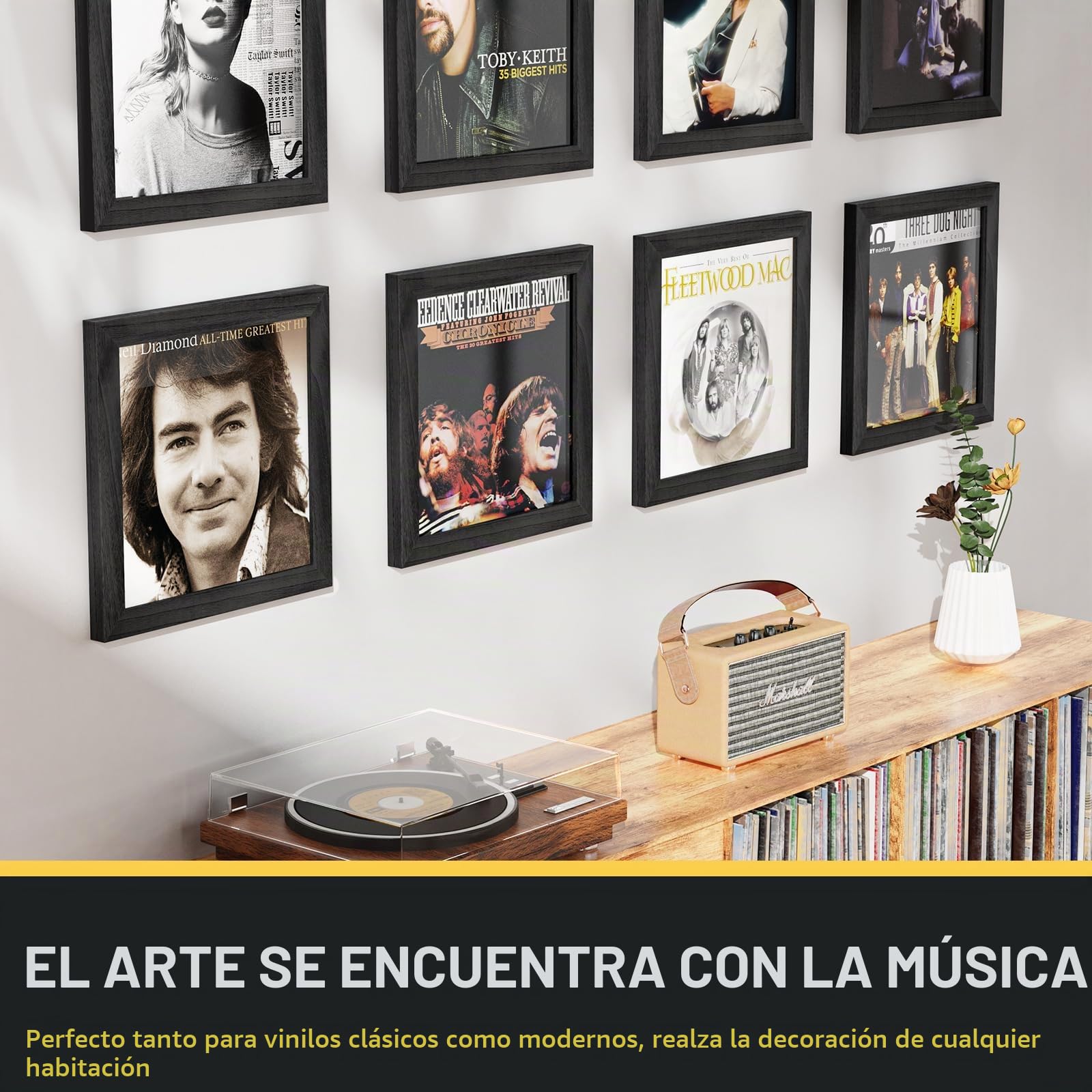 3 Piezas Caja Vinilos, Apertura Frontal de Pared, Soporte Vinilos, Madera Estilo Vintage Marco para Discos de Vinilo, para Exhibir Cubiertas de Discos de Vinilo LP de 12x12 Pulgadas (Negro)